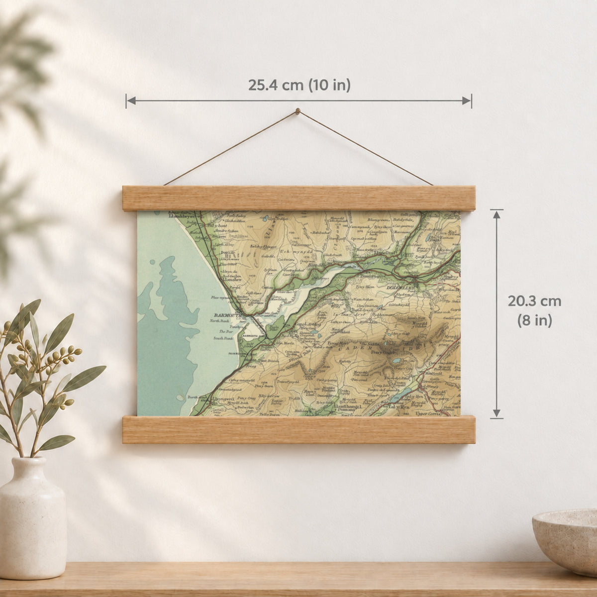 Barmouth historic map print, Bartholomew Half-Inch, 1905 — 10 × 8 in · landscape, Canvas, black hanger and Canvas, natural oak hanger and Canvas, white hanger and Fine art paper, black hanger and Fine art paper, natural oak hanger and Fine art paper, no hanger and Fine art paper, white hanger, hanger front mockup