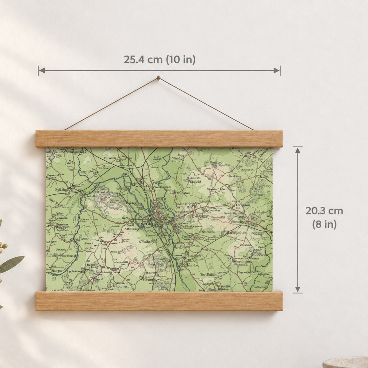 Oxford historic map print, Bartholomew Half-Inch, 1903 — 10 × 8 in · landscape, Canvas, black hanger and Canvas, natural oak hanger and Canvas, white hanger and Fine art paper, black hanger and Fine art paper, natural oak hanger and Fine art paper, no hanger and Fine art paper, white hanger, hanger front mockup