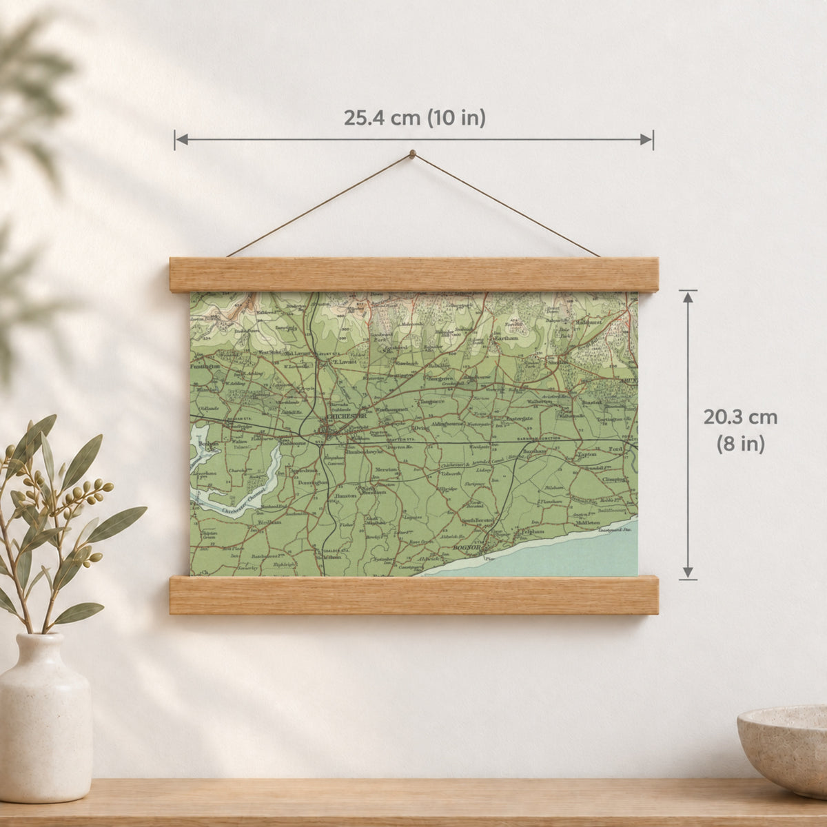 Chichester historic map print, Bartholomew Half-Inch, 1902 — 10 × 8 in · landscape, Canvas, black hanger and Canvas, natural oak hanger and Canvas, white hanger and Fine art paper, black hanger and Fine art paper, natural oak hanger and Fine art paper, no hanger and Fine art paper, white hanger, hanger front mockup