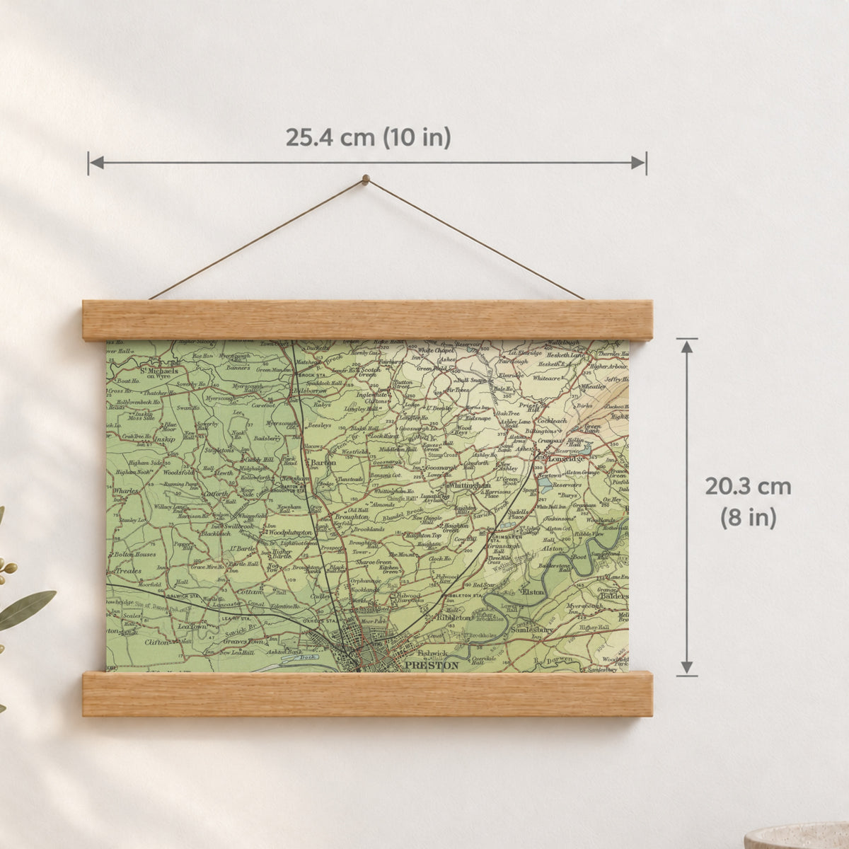 Preston historic map print, Bartholomew Half-Inch, 1905 — 10 × 8 in · landscape, Canvas, black hanger and Canvas, natural oak hanger and Canvas, white hanger and Fine art paper, black hanger and Fine art paper, natural oak hanger and Fine art paper, no hanger and Fine art paper, white hanger, hanger front mockup