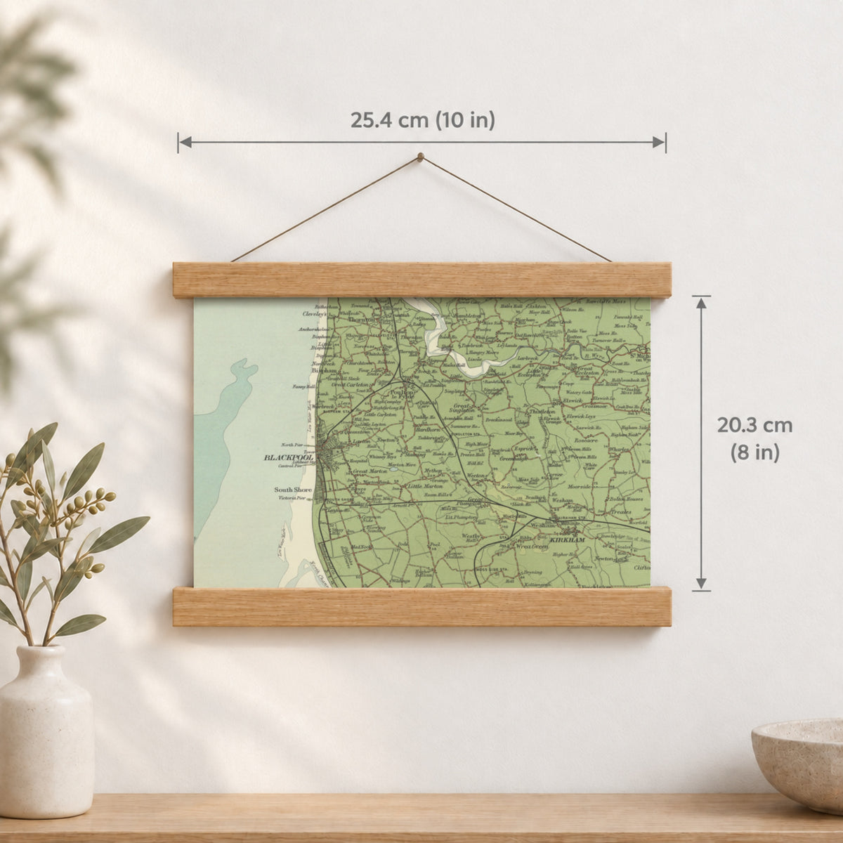 Blackpool historic map print, Bartholomew Half-Inch, 1905 — 10 × 8 in · landscape, Canvas, black hanger and Canvas, natural oak hanger and Canvas, white hanger and Fine art paper, black hanger and Fine art paper, natural oak hanger and Fine art paper, no hanger and Fine art paper, white hanger, hanger front mockup
