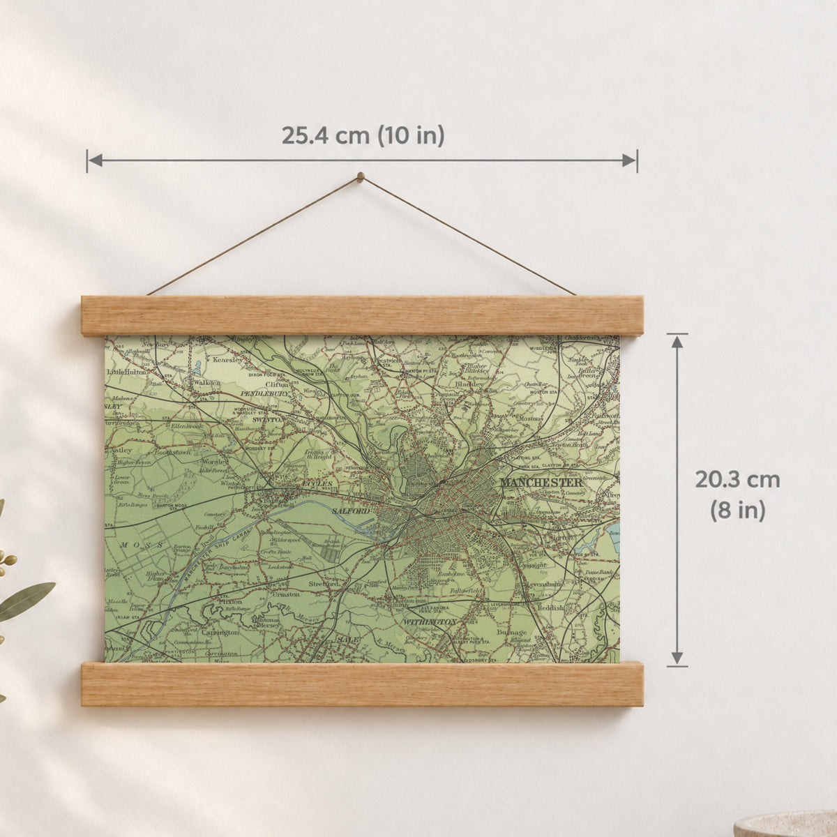 Salford historic map print, Bartholomew Half-Inch, 1904 — 10 × 8 in · landscape, Canvas, black hanger and Canvas, natural oak hanger and Canvas, white hanger and Fine art paper, black hanger and Fine art paper, natural oak hanger and Fine art paper, no hanger and Fine art paper, white hanger, hanger front mockup