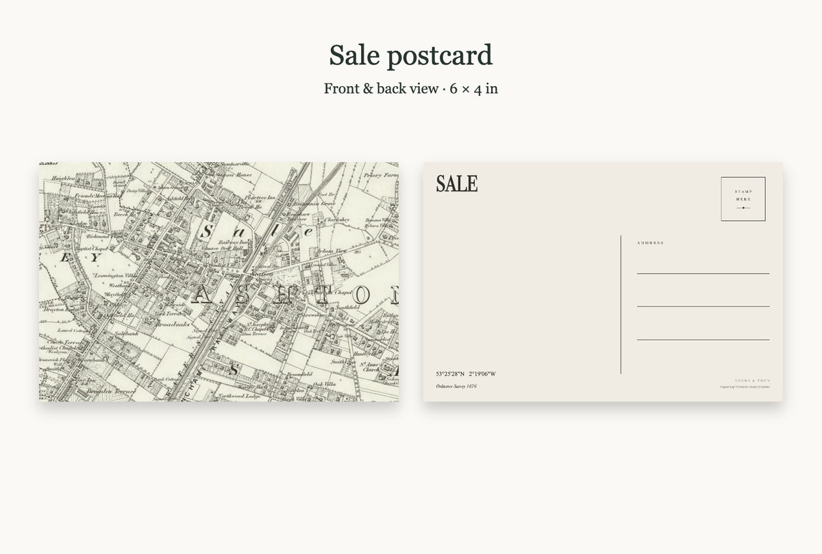 Sale historic map postcard, OS Six-inch First Edition, 1876 — 6 × 4 in · matt card · Kraft envelope, postcard front back mockup