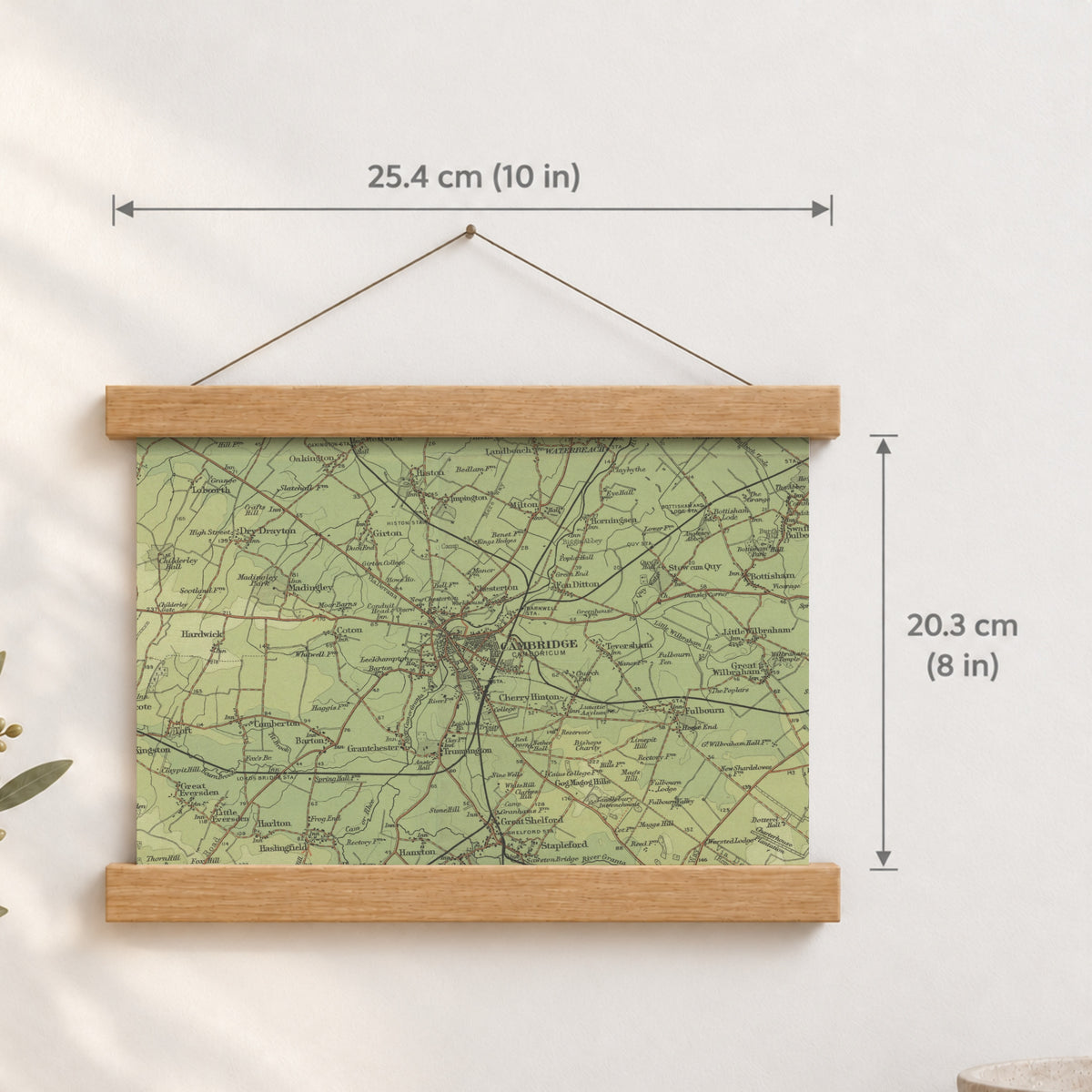 Cambridge historic map print, Bartholomew Half-Inch, 1902 — 10 × 8 in · landscape, Canvas, black hanger and Canvas, natural oak hanger and Canvas, white hanger and Fine art paper, black hanger and Fine art paper, natural oak hanger and Fine art paper, no hanger and Fine art paper, white hanger, hanger front mockup