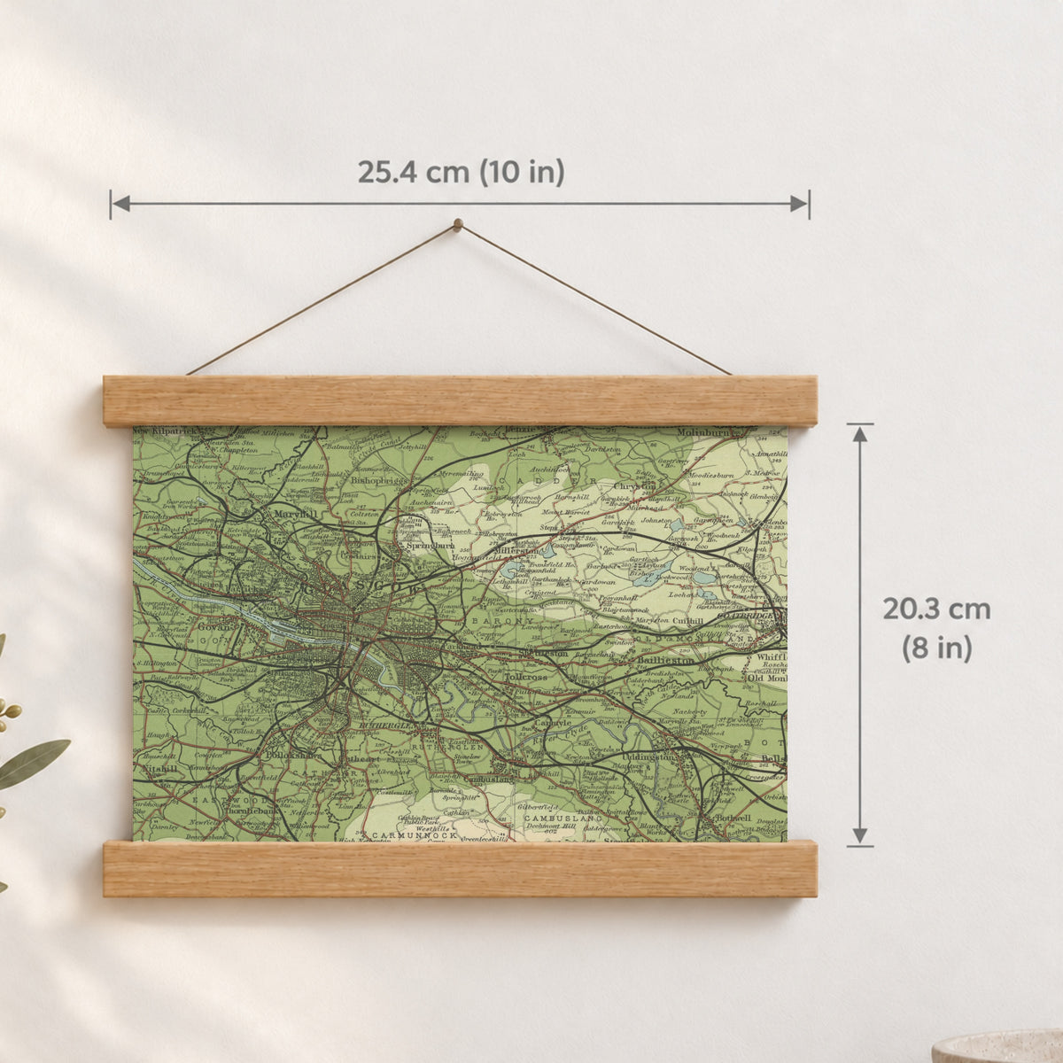 Glasgow historic map print, Bartholomew Half-Inch, 1903 — 10 × 8 in · landscape, Canvas, black hanger and Canvas, natural oak hanger and Canvas, white hanger and Fine art paper, black hanger and Fine art paper, natural oak hanger and Fine art paper, no hanger and Fine art paper, white hanger, hanger front mockup