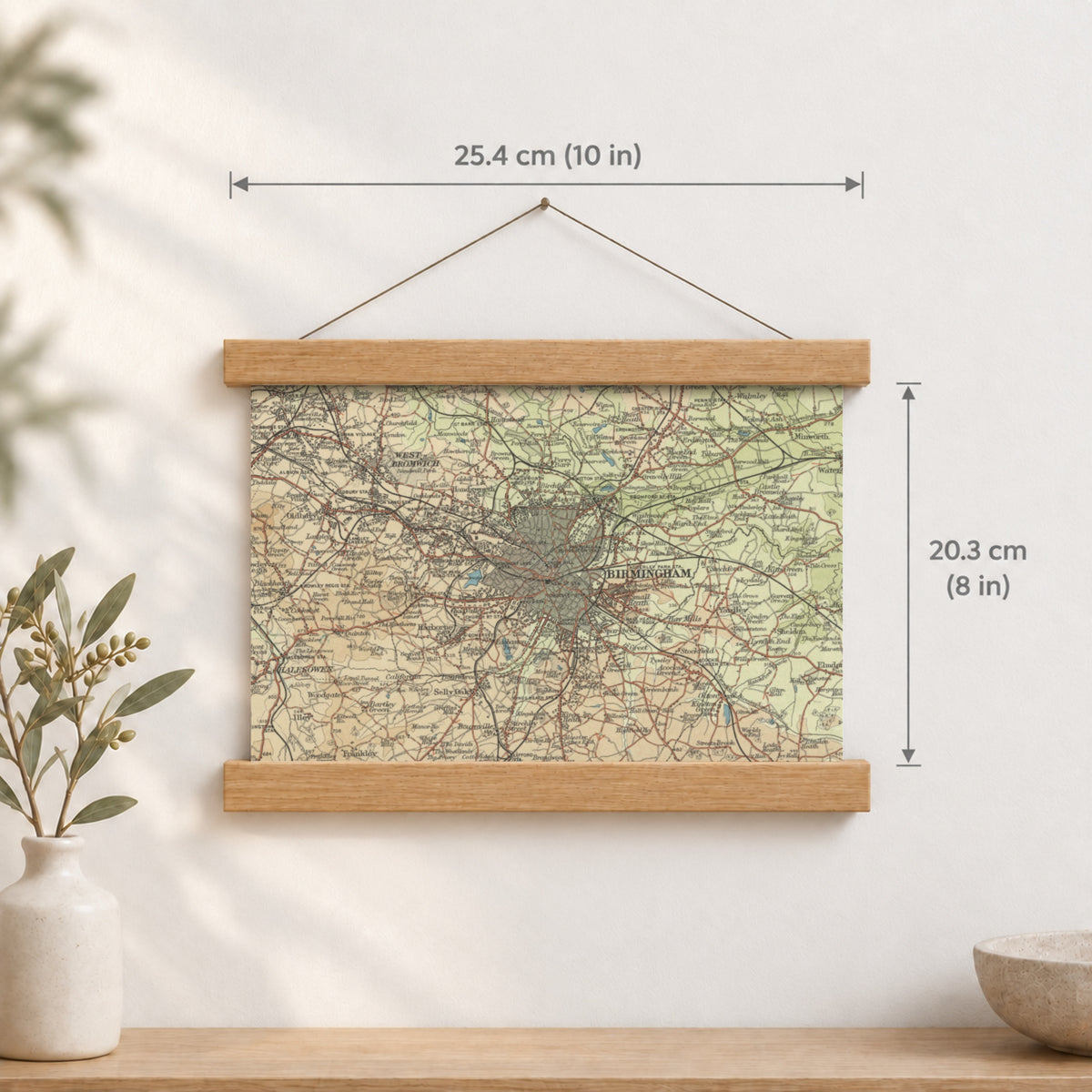 Birmingham historic map print, Bartholomew Half-Inch, 1903 — 10 × 8 in · landscape, Canvas, black hanger and Canvas, natural oak hanger and Canvas, white hanger and Fine art paper, black hanger and Fine art paper, natural oak hanger and Fine art paper, no hanger and Fine art paper, white hanger, hanger front mockup