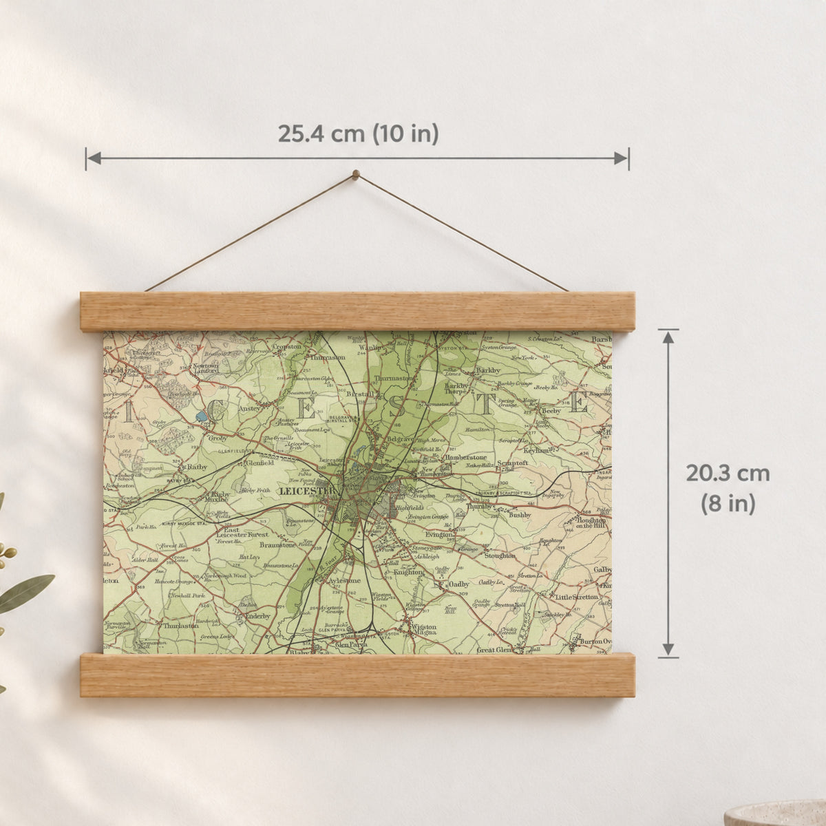Leicester historic map print, Bartholomew Half-Inch, 1903 — 10 × 8 in · landscape, Canvas, black hanger and Canvas, natural oak hanger and Canvas, white hanger and Fine art paper, black hanger and Fine art paper, natural oak hanger and Fine art paper, no hanger and Fine art paper, white hanger, hanger front mockup