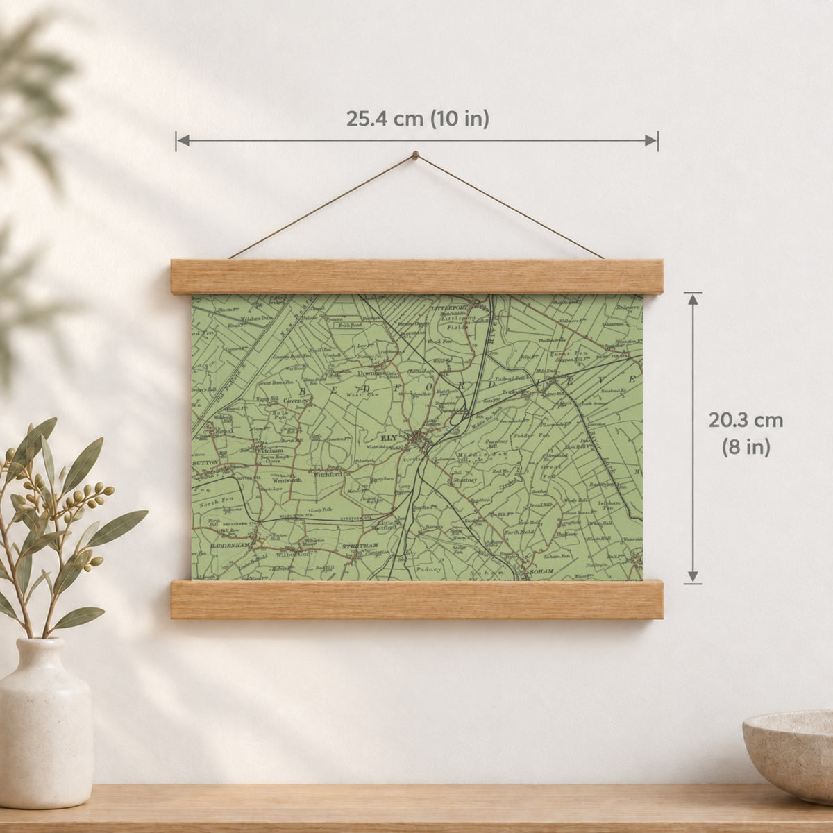 Ely historic map print, Bartholomew Half-Inch, 1902 — 10 × 8 in · landscape, Canvas, black hanger and Canvas, natural oak hanger and Canvas, white hanger and Fine art paper, black hanger and Fine art paper, natural oak hanger and Fine art paper, no hanger and Fine art paper, white hanger, hanger front mockup