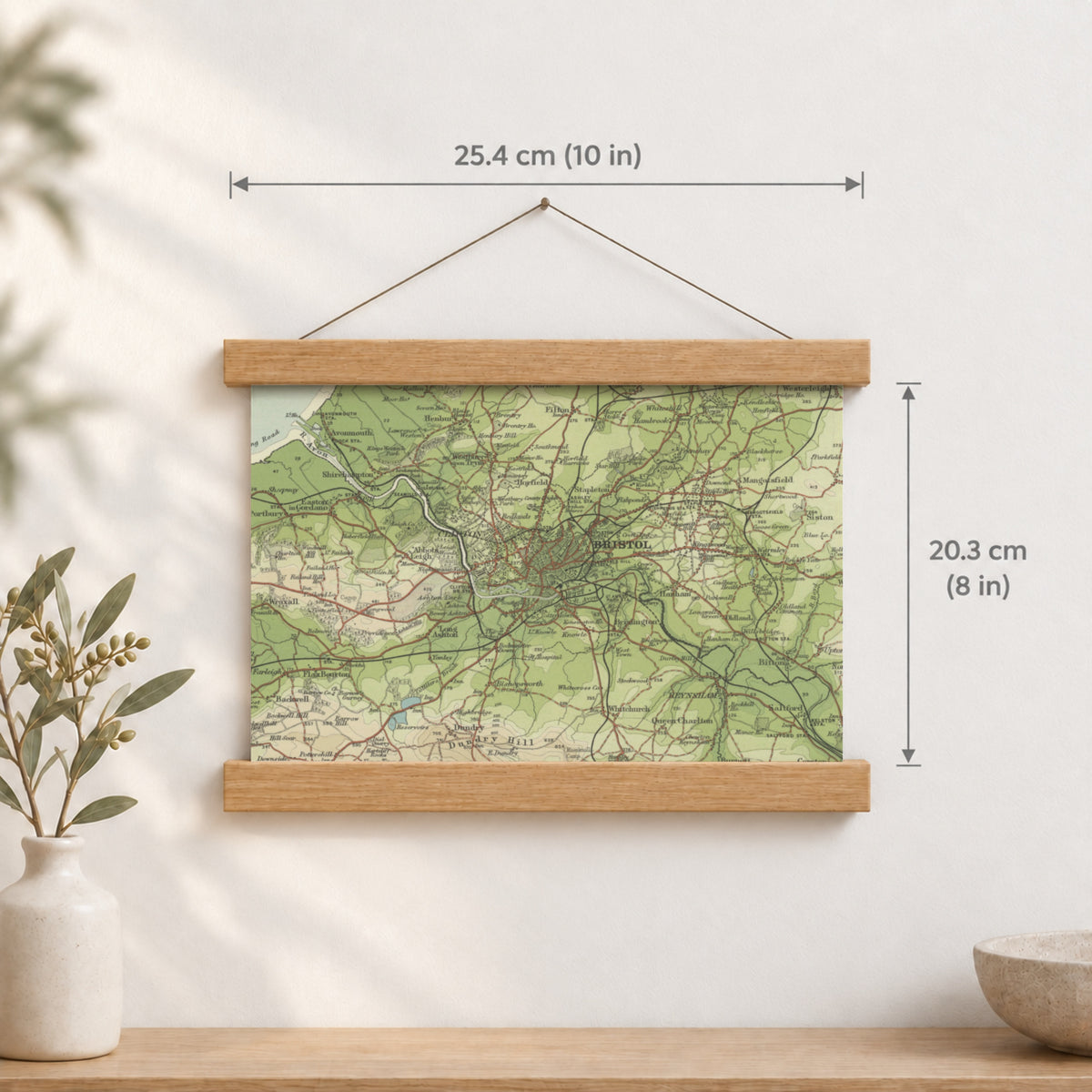 Bristol historic map print, Bartholomew Half-Inch, 1904 — 10 × 8 in · landscape, Canvas, black hanger and Canvas, natural oak hanger and Canvas, white hanger and Fine art paper, black hanger and Fine art paper, natural oak hanger and Fine art paper, no hanger and Fine art paper, white hanger, hanger front mockup