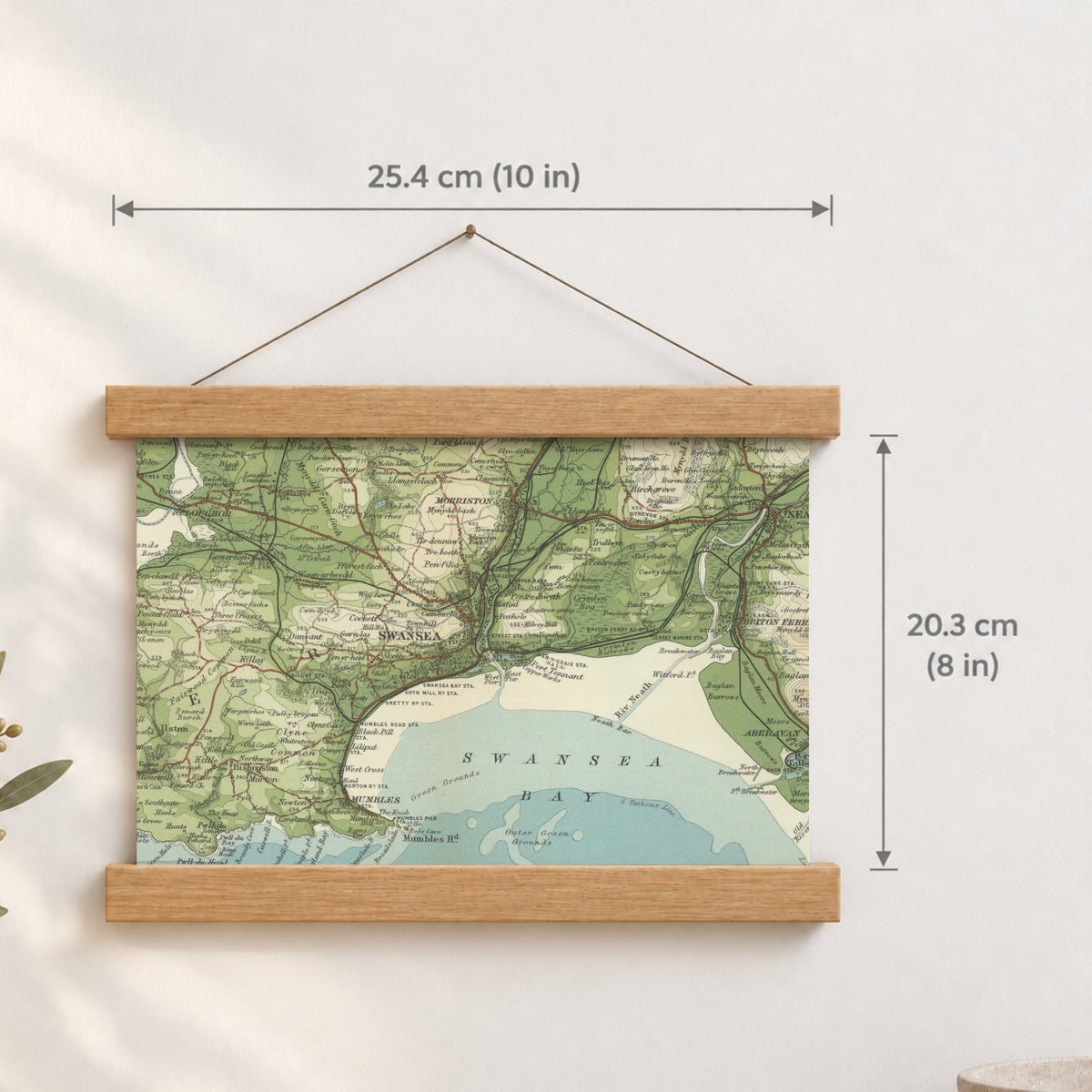 Swansea historic map print, Bartholomew Half-Inch, 1904 — 10 × 8 in · landscape, Canvas, black hanger and Canvas, natural oak hanger and Canvas, white hanger and Fine art paper, black hanger and Fine art paper, natural oak hanger and Fine art paper, no hanger and Fine art paper, white hanger, hanger front mockup