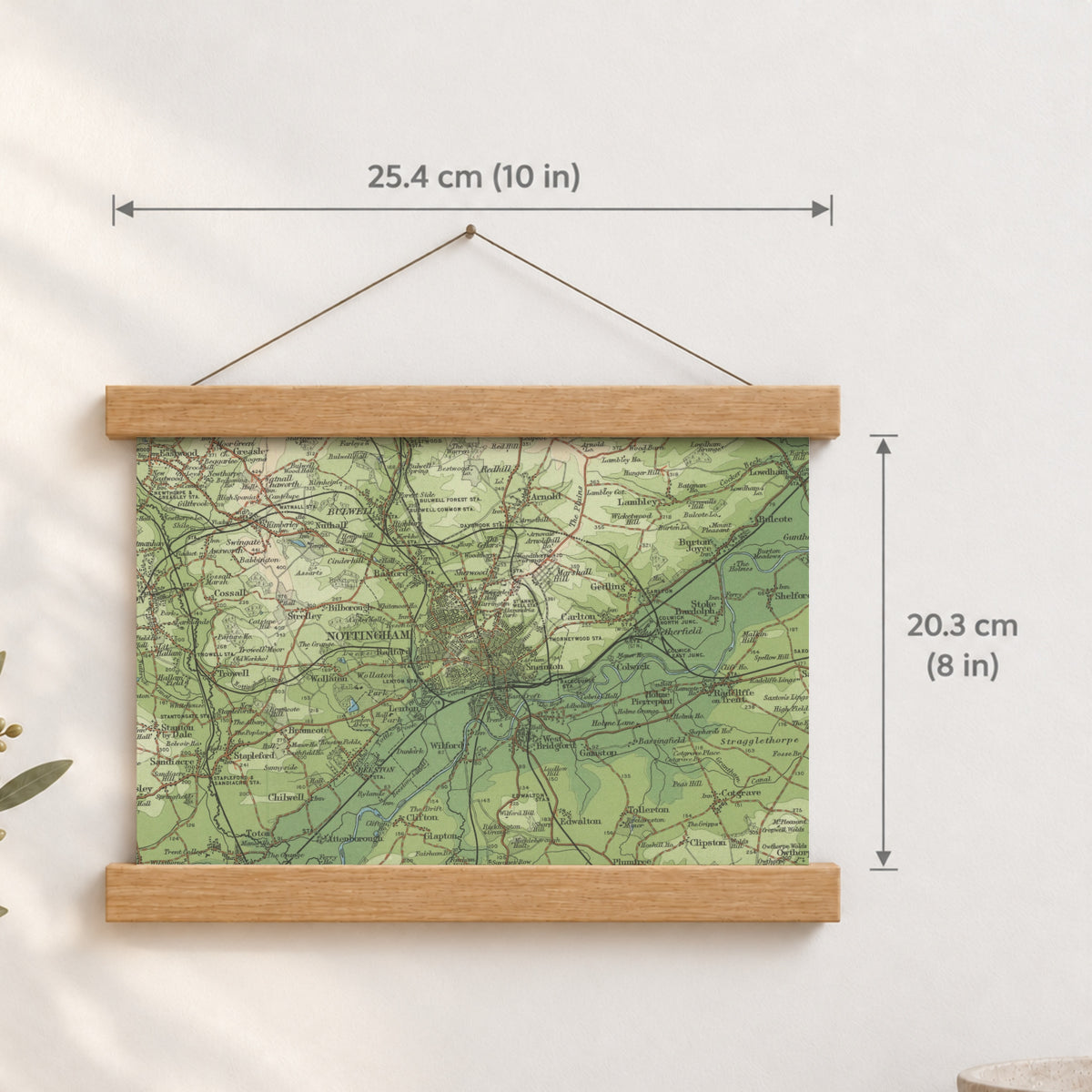 Nottingham historic map print, Bartholomew Half-Inch, 1902 — 10 × 8 in · landscape, Canvas, black hanger and Canvas, natural oak hanger and Canvas, white hanger and Fine art paper, black hanger and Fine art paper, natural oak hanger and Fine art paper, no hanger and Fine art paper, white hanger, hanger front mockup