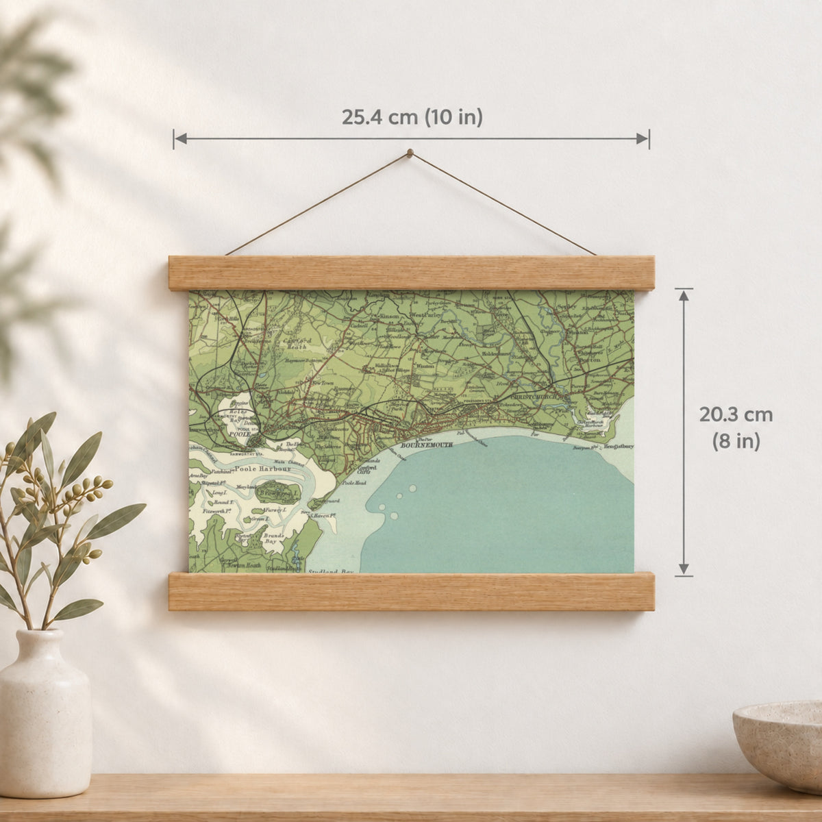 Bournemouth historic map print, Bartholomew Half-Inch, 1902 — 10 × 8 in · landscape, Canvas, black hanger and Canvas, natural oak hanger and Canvas, white hanger and Fine art paper, black hanger and Fine art paper, natural oak hanger and Fine art paper, no hanger and Fine art paper, white hanger, hanger front mockup
