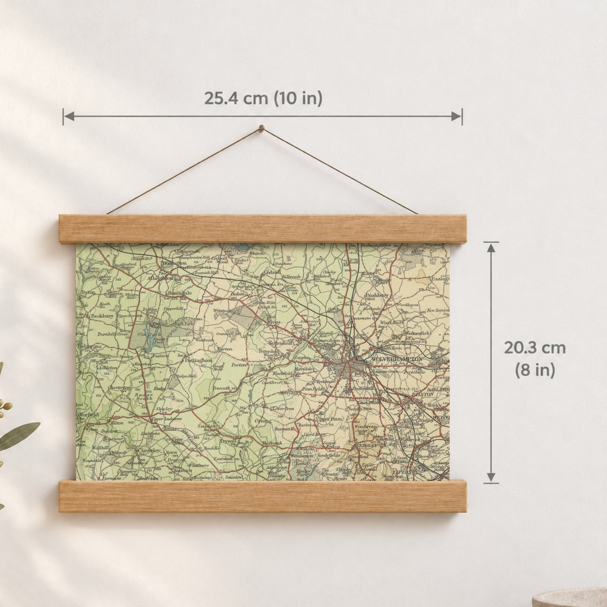 Wolverhampton historic map print, Bartholomew Half-Inch, 1903 — 10 × 8 in · landscape, Canvas, black hanger and Canvas, natural oak hanger and Canvas, white hanger and Fine art paper, black hanger and Fine art paper, natural oak hanger and Fine art paper, no hanger and Fine art paper, white hanger, hanger front mockup