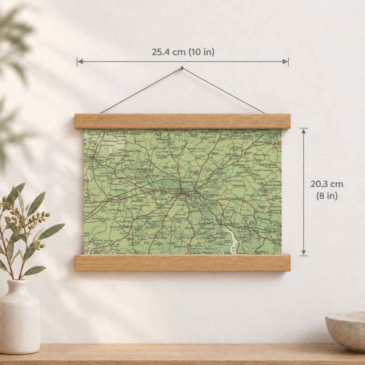 Colchester historic map print, Bartholomew Half-Inch, 1903 — 10 × 8 in · landscape, Canvas, black hanger and Canvas, natural oak hanger and Canvas, white hanger and Fine art paper, black hanger and Fine art paper, natural oak hanger and Fine art paper, no hanger and Fine art paper, white hanger, hanger front mockup