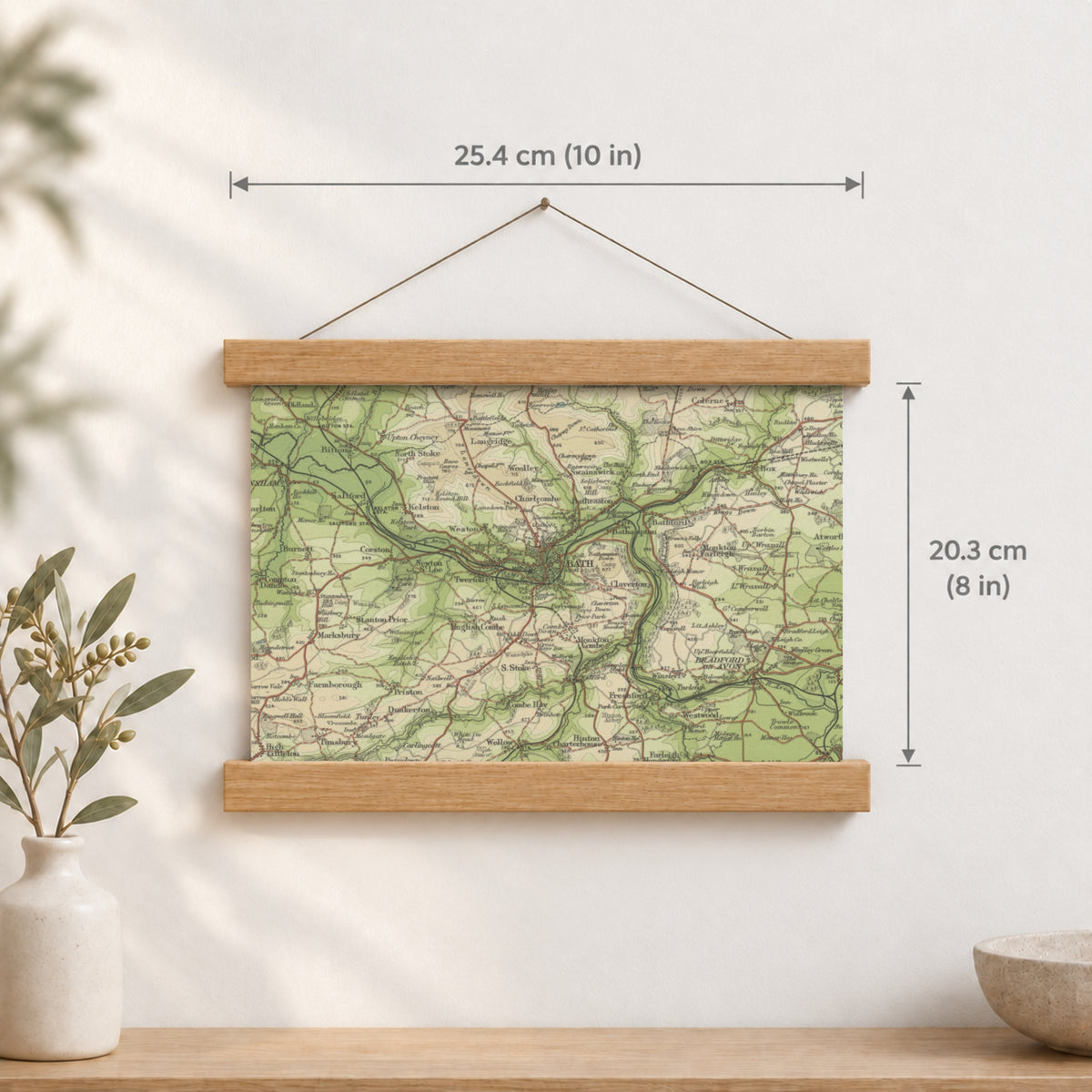 Bath historic map print, Bartholomew Half-Inch, 1904 — 10 × 8 in · landscape, Canvas, black hanger and Canvas, natural oak hanger and Canvas, white hanger and Fine art paper, black hanger and Fine art paper, natural oak hanger and Fine art paper, no hanger and Fine art paper, white hanger, hanger front mockup