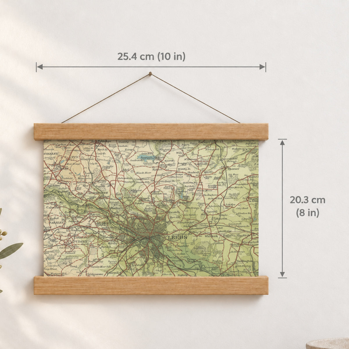 Leeds historic map print, Bartholomew Half-Inch, 1906 — 10 × 8 in · landscape, Canvas, black hanger and Canvas, natural oak hanger and Canvas, white hanger and Fine art paper, black hanger and Fine art paper, natural oak hanger and Fine art paper, no hanger and Fine art paper, white hanger, hanger front mockup
