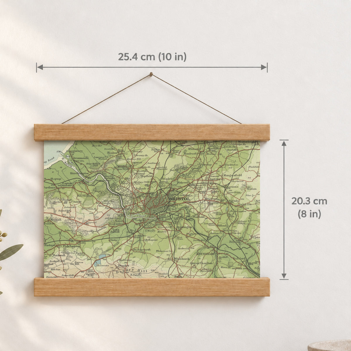 Bristol historic map print, Bartholomew Half-Inch, 1904 — 10 × 8 in · landscape, Canvas, black hanger and Canvas, natural oak hanger and Canvas, white hanger and Fine art paper, black hanger and Fine art paper, natural oak hanger and Fine art paper, no hanger and Fine art paper, white hanger, hanger front mockup
