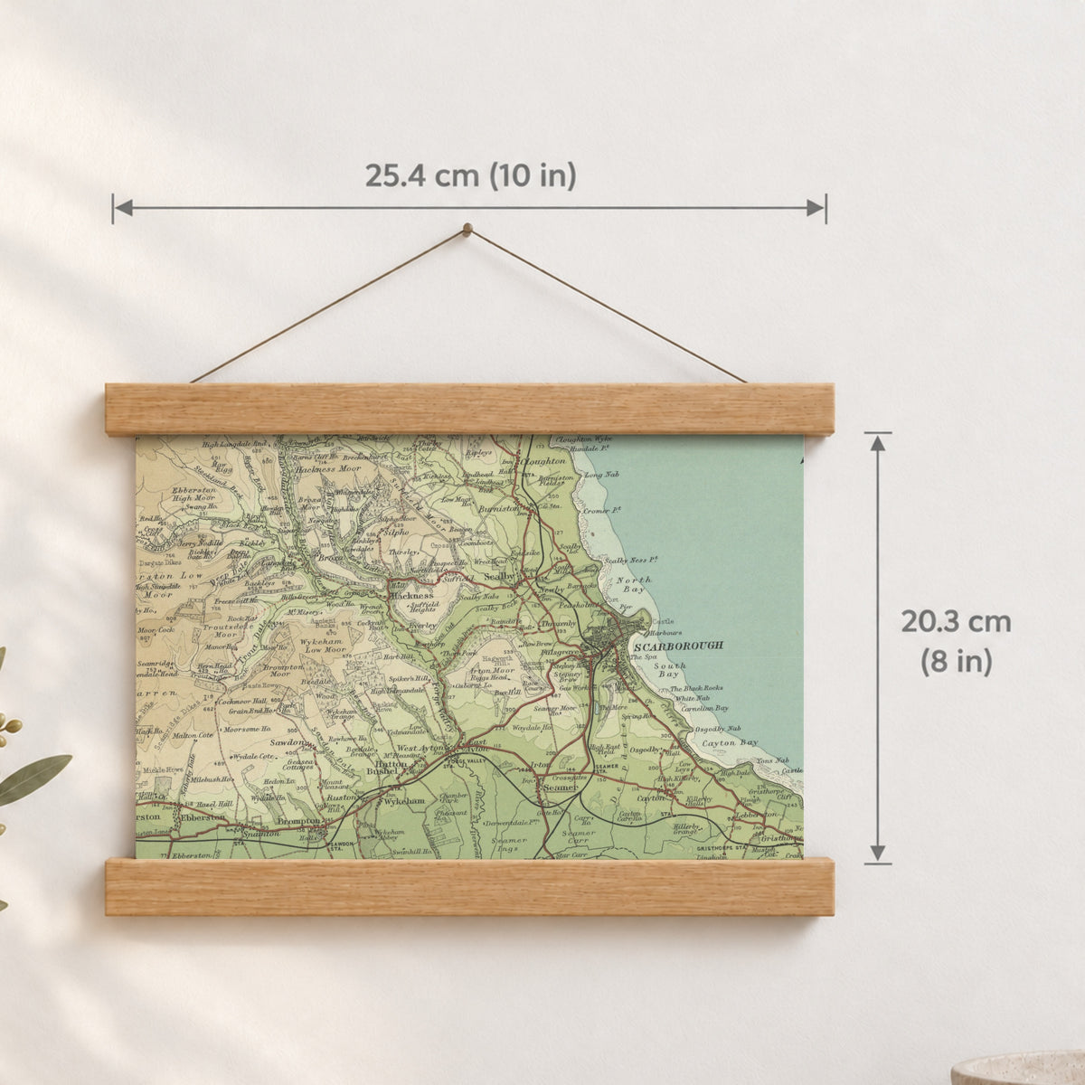 Scarborough historic map print, Bartholomew Half-Inch, 1903 — 10 × 8 in · landscape, Canvas, black hanger and Canvas, natural oak hanger and Canvas, white hanger and Fine art paper, black hanger and Fine art paper, natural oak hanger and Fine art paper, no hanger and Fine art paper, white hanger, hanger front mockup