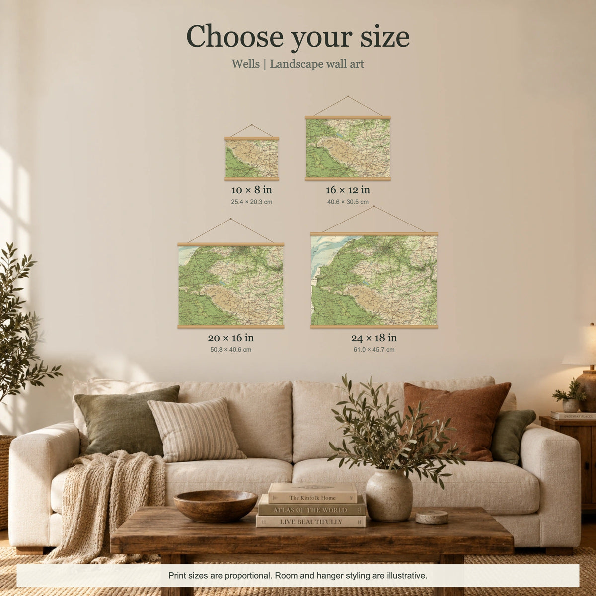Wells historic map print, Bartholomew Half-Inch, 1904 — 10 × 8 in · landscape, Canvas, black hanger and Canvas, natural oak hanger and Canvas, white hanger and Fine art paper, black hanger and Fine art paper, natural oak hanger and Fine art paper, no hanger and Fine art paper, white hanger, size room mockup landscape