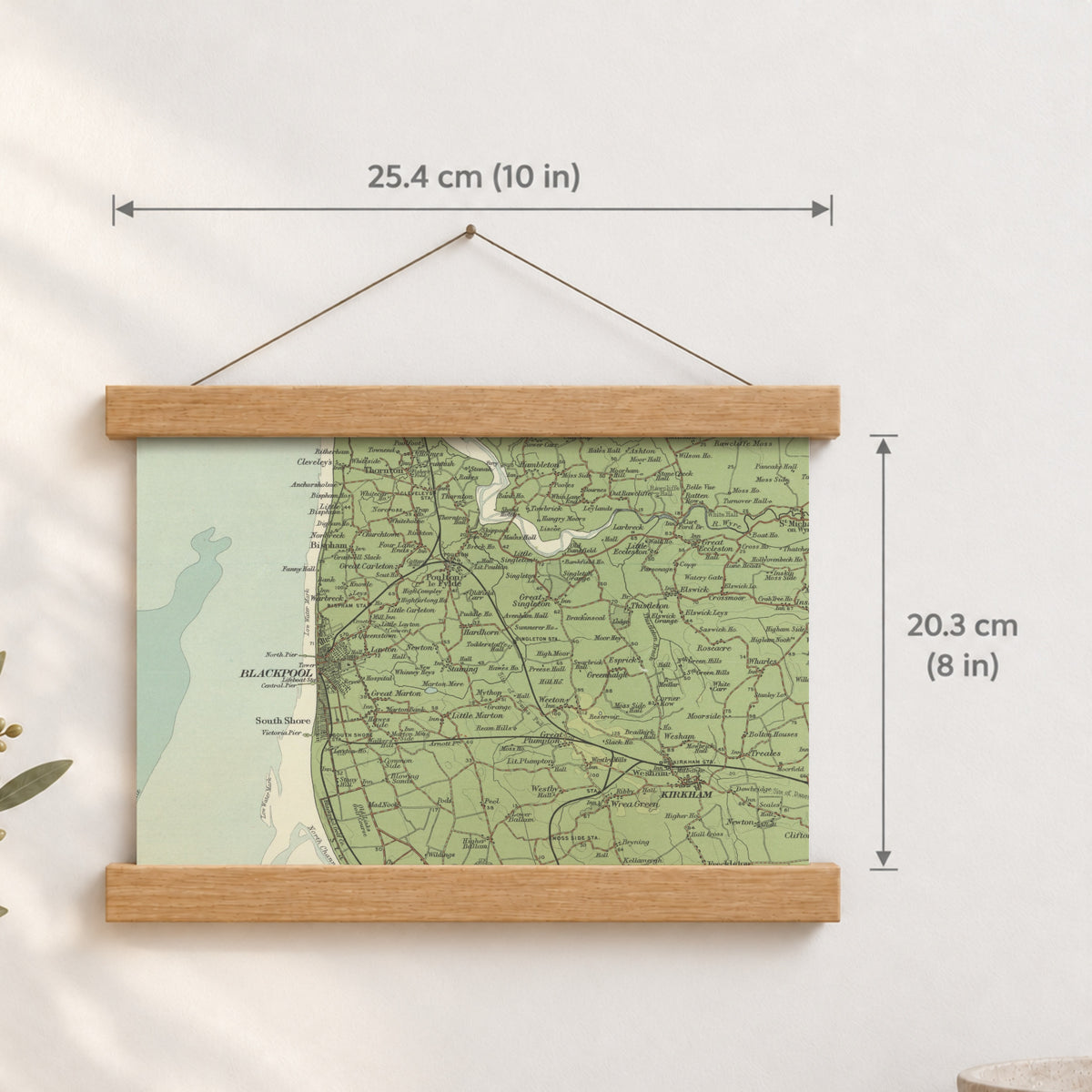Blackpool historic map print, Bartholomew Half-Inch, 1905 — 10 × 8 in · landscape, Canvas, black hanger and Canvas, natural oak hanger and Canvas, white hanger and Fine art paper, black hanger and Fine art paper, natural oak hanger and Fine art paper, no hanger and Fine art paper, white hanger, hanger front mockup