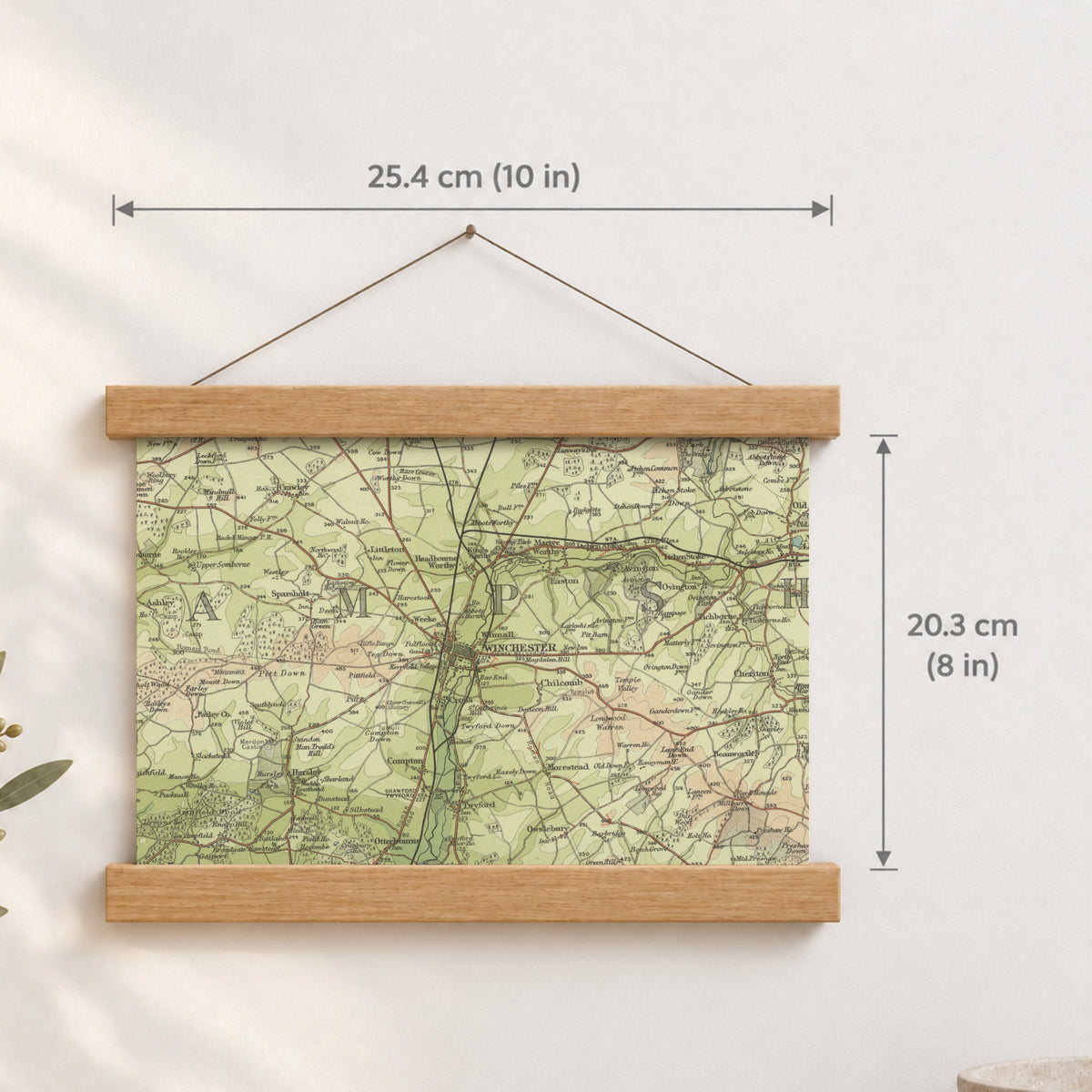 Winchester historic map print, Bartholomew Half-Inch, 1902 — 10 × 8 in · landscape, Canvas, black hanger and Canvas, natural oak hanger and Canvas, white hanger and Fine art paper, black hanger and Fine art paper, natural oak hanger and Fine art paper, no hanger and Fine art paper, white hanger, hanger front mockup