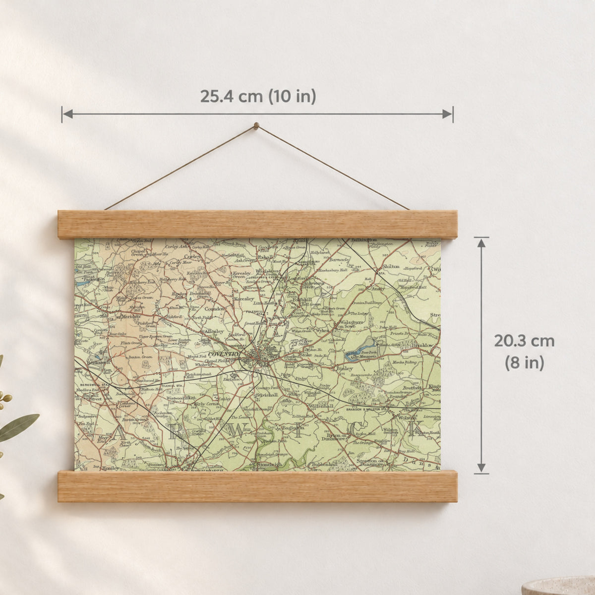 Coventry historic map print, Bartholomew Half-Inch, 1903 — 10 × 8 in · landscape, Canvas, black hanger and Canvas, natural oak hanger and Canvas, white hanger and Fine art paper, black hanger and Fine art paper, natural oak hanger and Fine art paper, no hanger and Fine art paper, white hanger, hanger front mockup