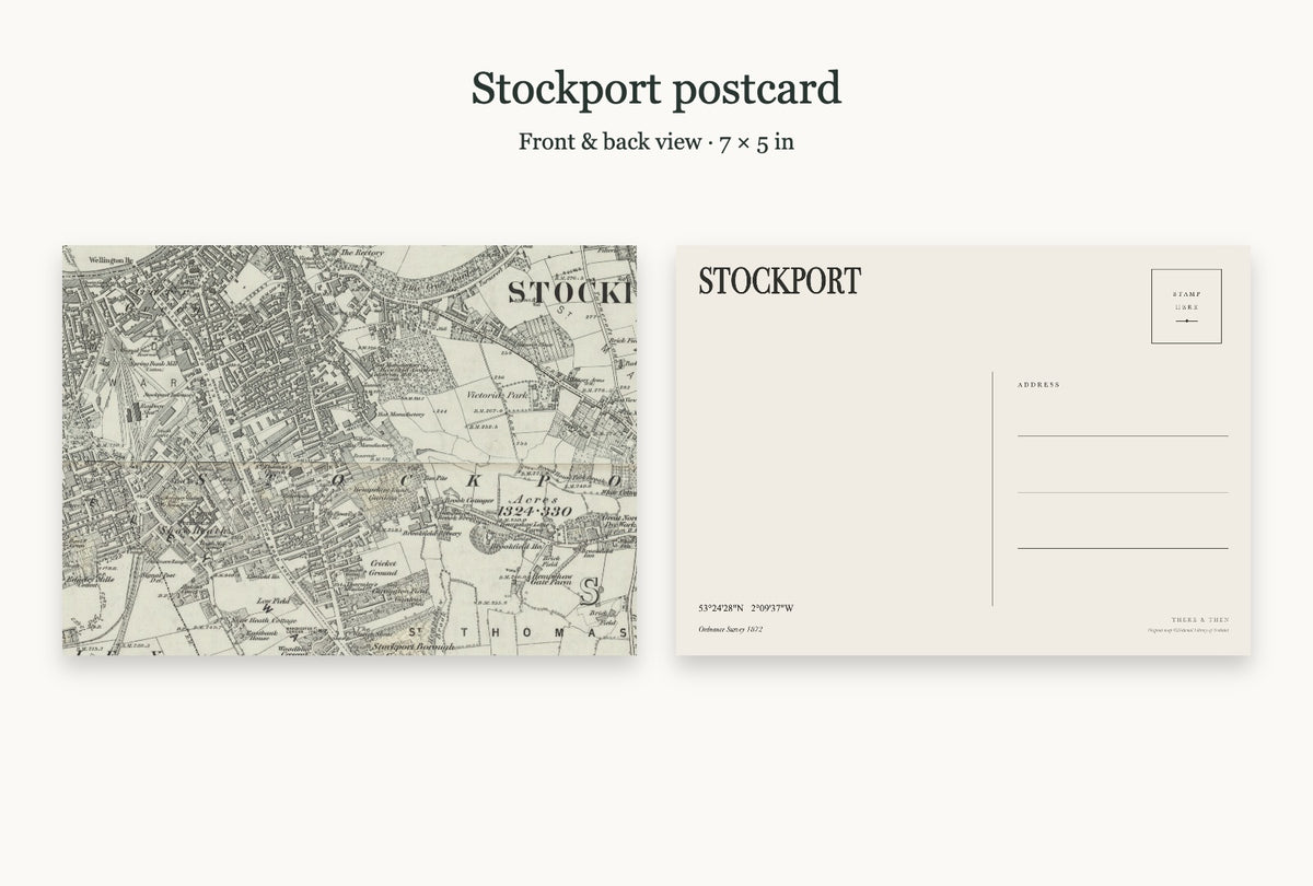 Stockport historic map postcard, OS Six-inch First Edition, 1872 — 7 × 5 in · matt card · Kraft envelope, postcard front back mockup