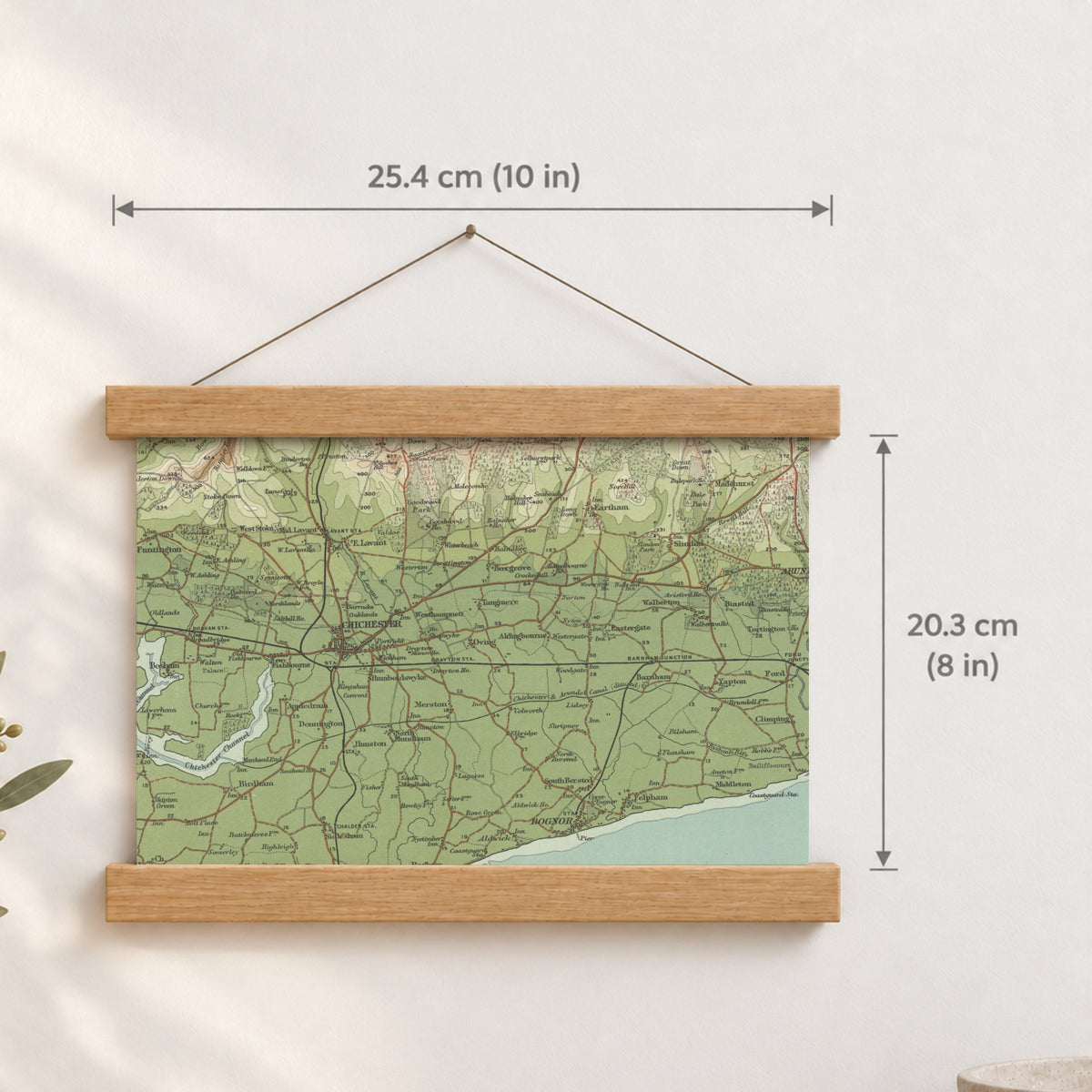 Chichester historic map print, Bartholomew Half-Inch, 1902 — 10 × 8 in · landscape, Canvas, black hanger and Canvas, natural oak hanger and Canvas, white hanger and Fine art paper, black hanger and Fine art paper, natural oak hanger and Fine art paper, no hanger and Fine art paper, white hanger, hanger front mockup