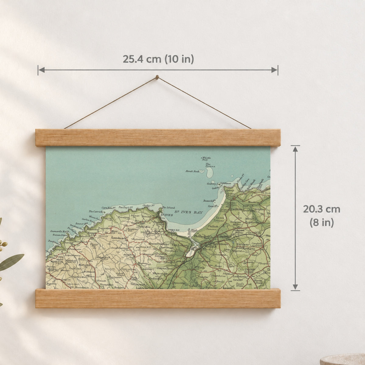 St Ives historic map print, Bartholomew Half-Inch, 1903 — 10 × 8 in · landscape, Canvas, black hanger and Canvas, natural oak hanger and Canvas, white hanger and Fine art paper, black hanger and Fine art paper, natural oak hanger and Fine art paper, no hanger and Fine art paper, white hanger, hanger front mockup