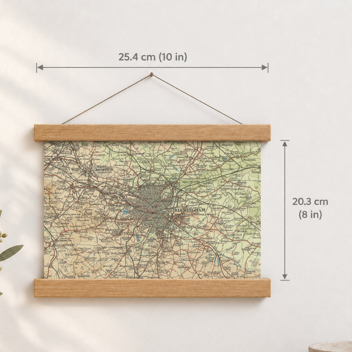 Birmingham historic map print, Bartholomew Half-Inch, 1903 — 10 × 8 in · landscape, Canvas, black hanger and Canvas, natural oak hanger and Canvas, white hanger and Fine art paper, black hanger and Fine art paper, natural oak hanger and Fine art paper, no hanger and Fine art paper, white hanger, hanger front mockup