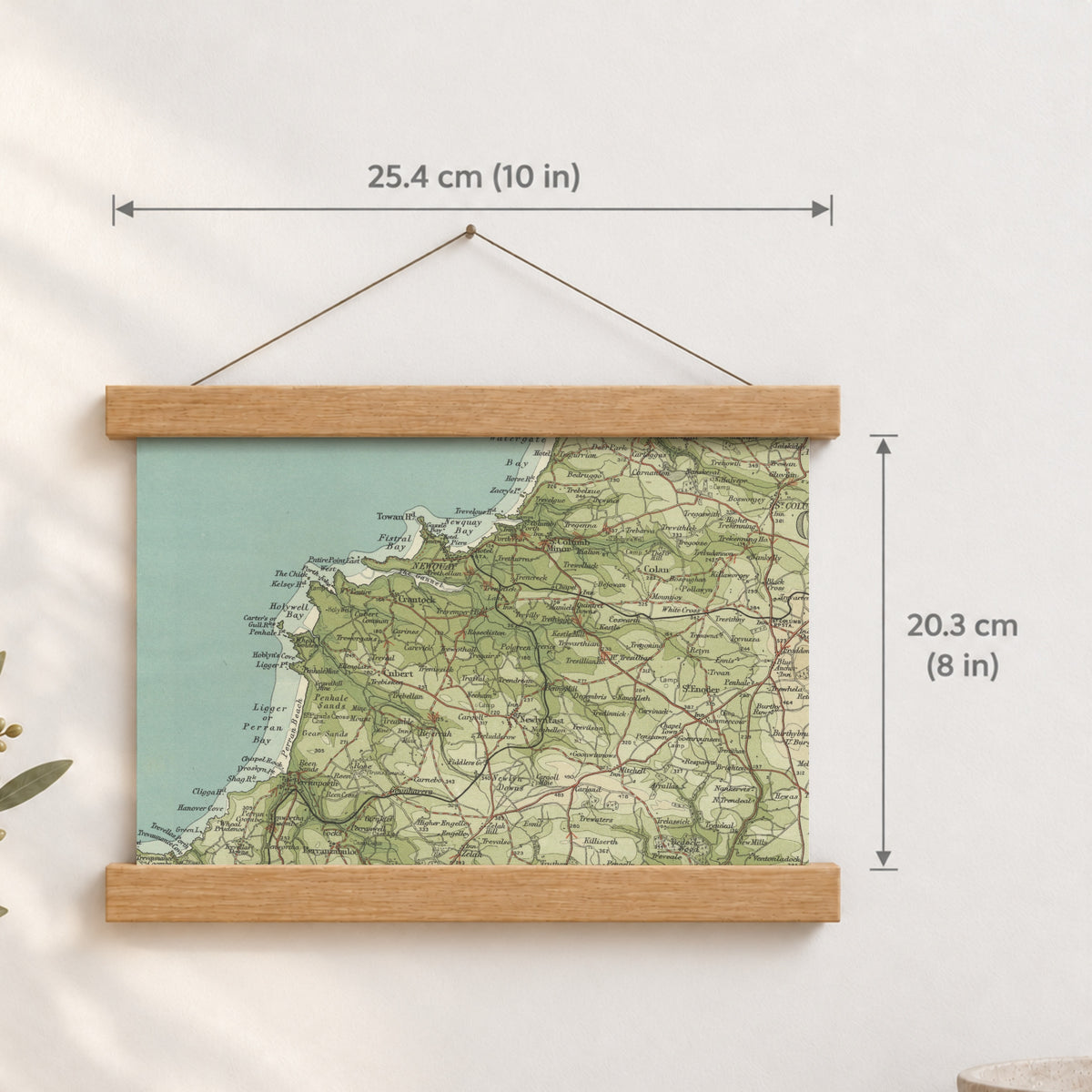 Newquay historic map print, Bartholomew Half-Inch, 1903 — 10 × 8 in · landscape, Canvas, black hanger and Canvas, natural oak hanger and Canvas, white hanger and Fine art paper, black hanger and Fine art paper, natural oak hanger and Fine art paper, no hanger and Fine art paper, white hanger, hanger front mockup