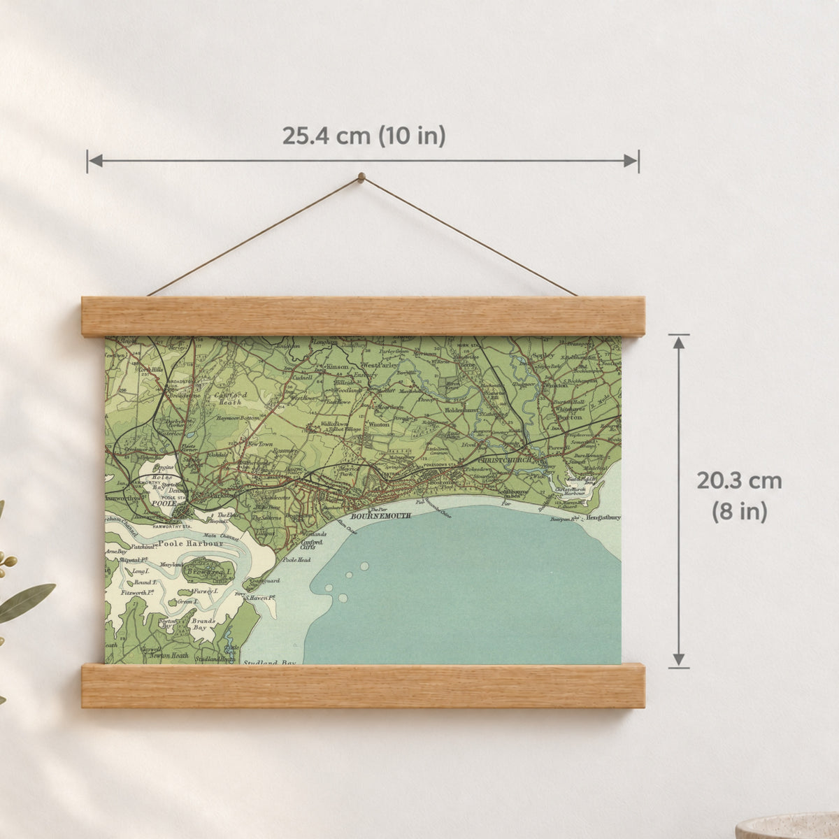Bournemouth historic map print, Bartholomew Half-Inch, 1902 — 10 × 8 in · landscape, Canvas, black hanger and Canvas, natural oak hanger and Canvas, white hanger and Fine art paper, black hanger and Fine art paper, natural oak hanger and Fine art paper, no hanger and Fine art paper, white hanger, hanger front mockup