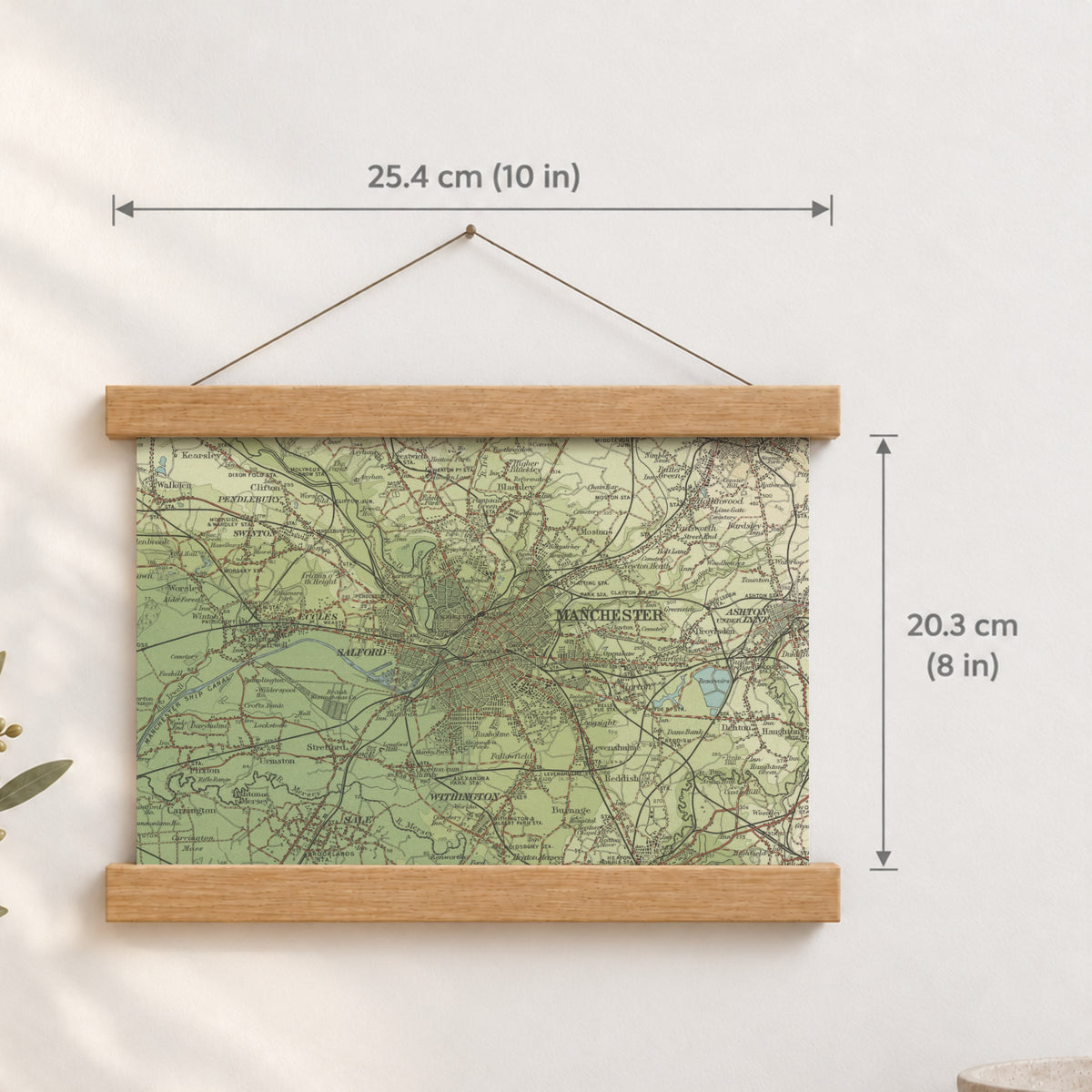 Manchester historic map print, Bartholomew Half-Inch, 1904 — 10 × 8 in · landscape, Canvas, black hanger and Canvas, natural oak hanger and Canvas, white hanger and Fine art paper, black hanger and Fine art paper, natural oak hanger and Fine art paper, no hanger and Fine art paper, white hanger, hanger front mockup