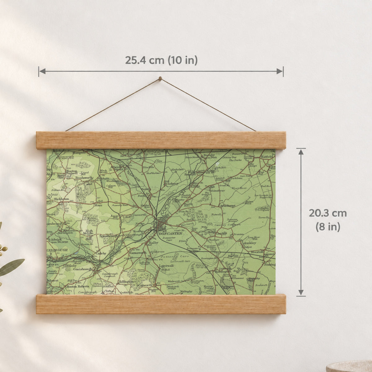 Doncaster historic map print, Bartholomew Half-Inch, 1904 — 10 × 8 in · landscape, Canvas, black hanger and Canvas, natural oak hanger and Canvas, white hanger and Fine art paper, black hanger and Fine art paper, natural oak hanger and Fine art paper, no hanger and Fine art paper, white hanger, hanger front mockup