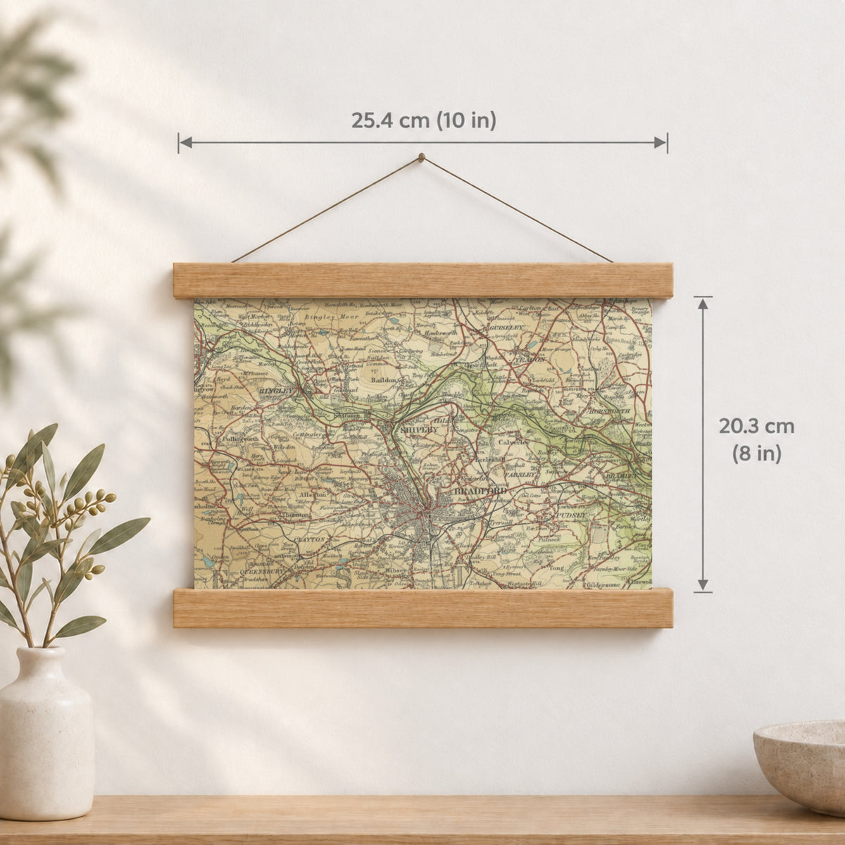 Bradford historic map print, Bartholomew Half-Inch, 1906 — 10 × 8 in · landscape, Canvas, black hanger and Canvas, natural oak hanger and Canvas, white hanger and Fine art paper, black hanger and Fine art paper, natural oak hanger and Fine art paper, no hanger and Fine art paper, white hanger, hanger front mockup