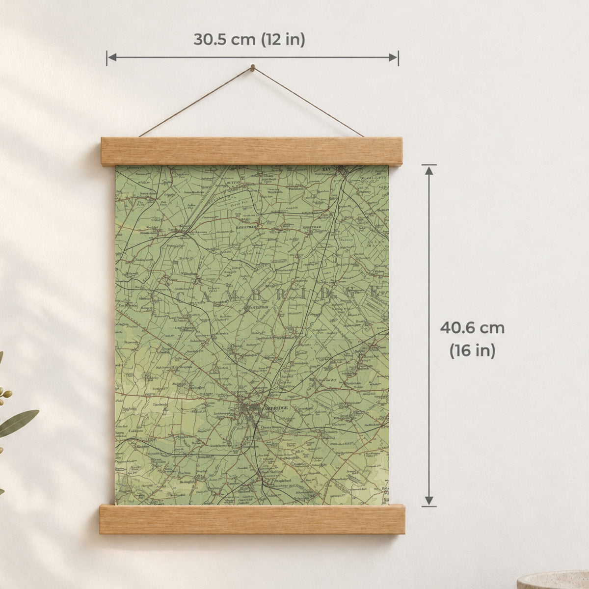 Cambridge historic map print, Bartholomew Half-Inch, 1902 — 12 × 16 in · portrait, Canvas, black hanger and Canvas, natural oak hanger and Canvas, white hanger and Fine art paper, black hanger and Fine art paper, natural oak hanger and Fine art paper, no hanger and Fine art paper, white hanger, hanger front mockup