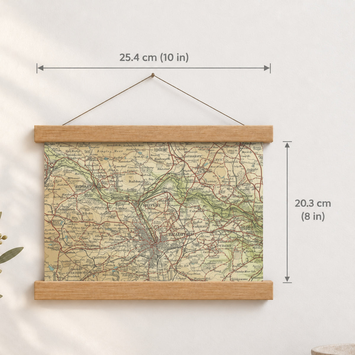 Bradford historic map print, Bartholomew Half-Inch, 1906 — 10 × 8 in · landscape, Canvas, black hanger and Canvas, natural oak hanger and Canvas, white hanger and Fine art paper, black hanger and Fine art paper, natural oak hanger and Fine art paper, no hanger and Fine art paper, white hanger, hanger front mockup