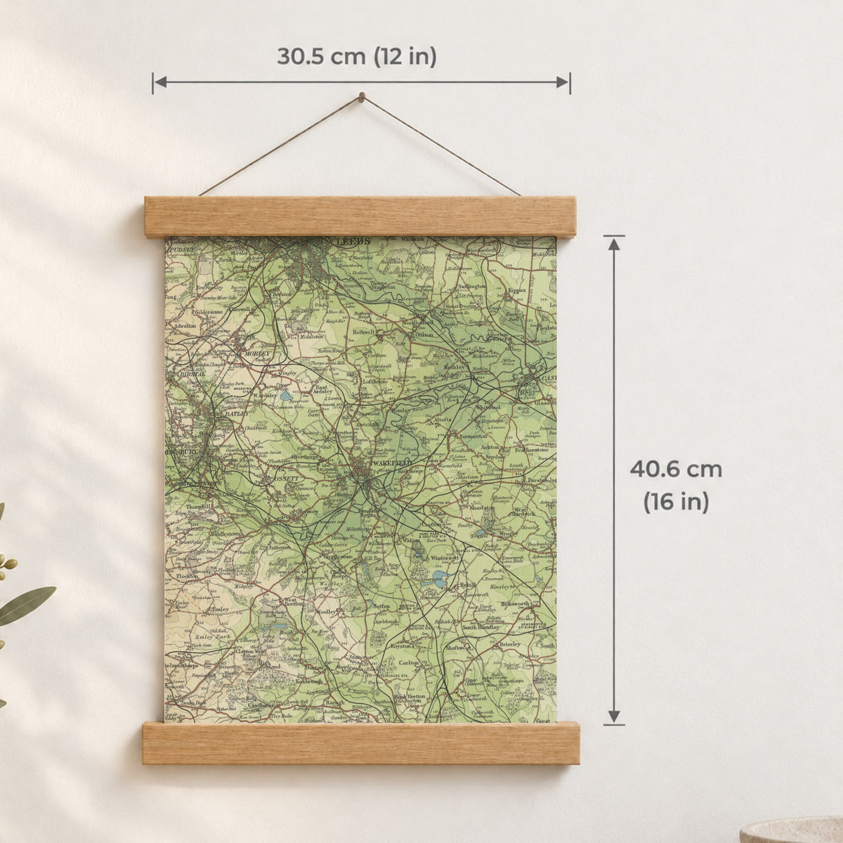 Wakefield historic map print, Bartholomew Half-Inch, 1904 — 12 × 16 in · portrait, Canvas, black hanger and Canvas, natural oak hanger and Canvas, white hanger and Fine art paper, black hanger and Fine art paper, natural oak hanger and Fine art paper, no hanger and Fine art paper, white hanger, hanger front mockup