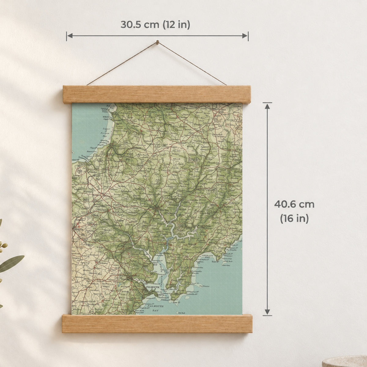 Truro historic map print, Bartholomew Half-Inch, 1903 — 12 × 16 in · portrait, Canvas, black hanger and Canvas, natural oak hanger and Canvas, white hanger and Fine art paper, black hanger and Fine art paper, natural oak hanger and Fine art paper, no hanger and Fine art paper, white hanger, hanger front mockup