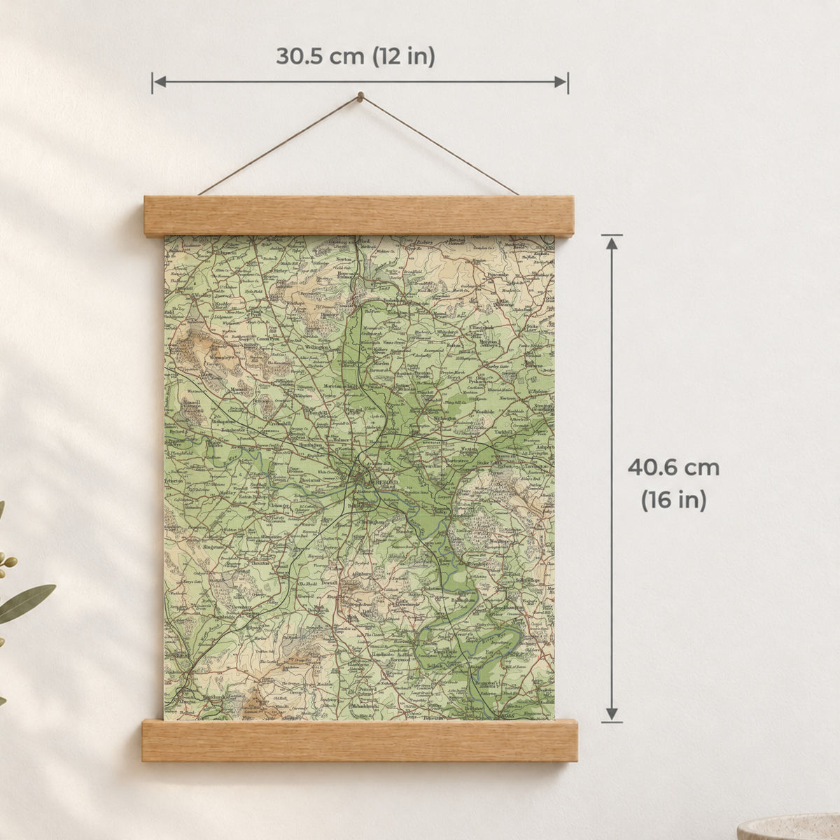 Hereford historic map print, Bartholomew Half-Inch, 1902 — 12 × 16 in · portrait, Canvas, black hanger and Canvas, natural oak hanger and Canvas, white hanger and Fine art paper, black hanger and Fine art paper, natural oak hanger and Fine art paper, no hanger and Fine art paper, white hanger, hanger front mockup