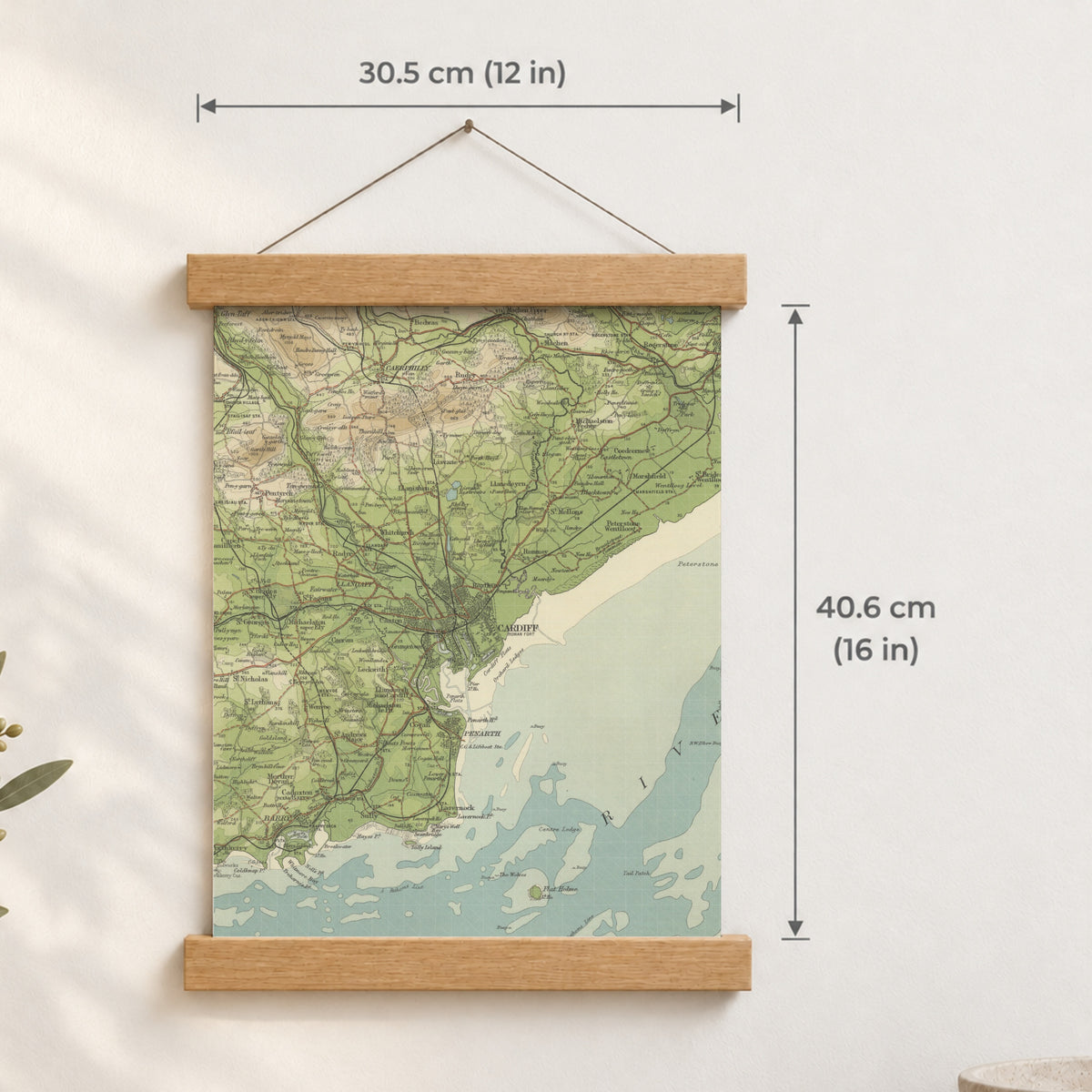 Cardiff historic map print, Bartholomew Half-Inch, 1904 — 12 × 16 in · portrait, Canvas, black hanger and Canvas, natural oak hanger and Canvas, white hanger and Fine art paper, black hanger and Fine art paper, natural oak hanger and Fine art paper, no hanger and Fine art paper, white hanger, hanger front mockup