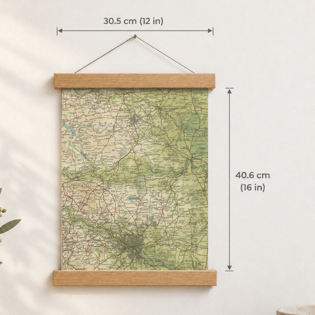 Leeds historic map print, Bartholomew Half-Inch, 1906 — 12 × 16 in · portrait, Canvas, black hanger and Canvas, natural oak hanger and Canvas, white hanger and Fine art paper, black hanger and Fine art paper, natural oak hanger and Fine art paper, no hanger and Fine art paper, white hanger, hanger front mockup