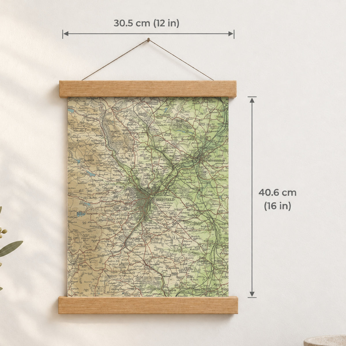 Sheffield historic map print, Bartholomew Half-Inch, 1904 — 12 × 16 in · portrait, Canvas, black hanger and Canvas, natural oak hanger and Canvas, white hanger and Fine art paper, black hanger and Fine art paper, natural oak hanger and Fine art paper, no hanger and Fine art paper, white hanger, hanger front mockup