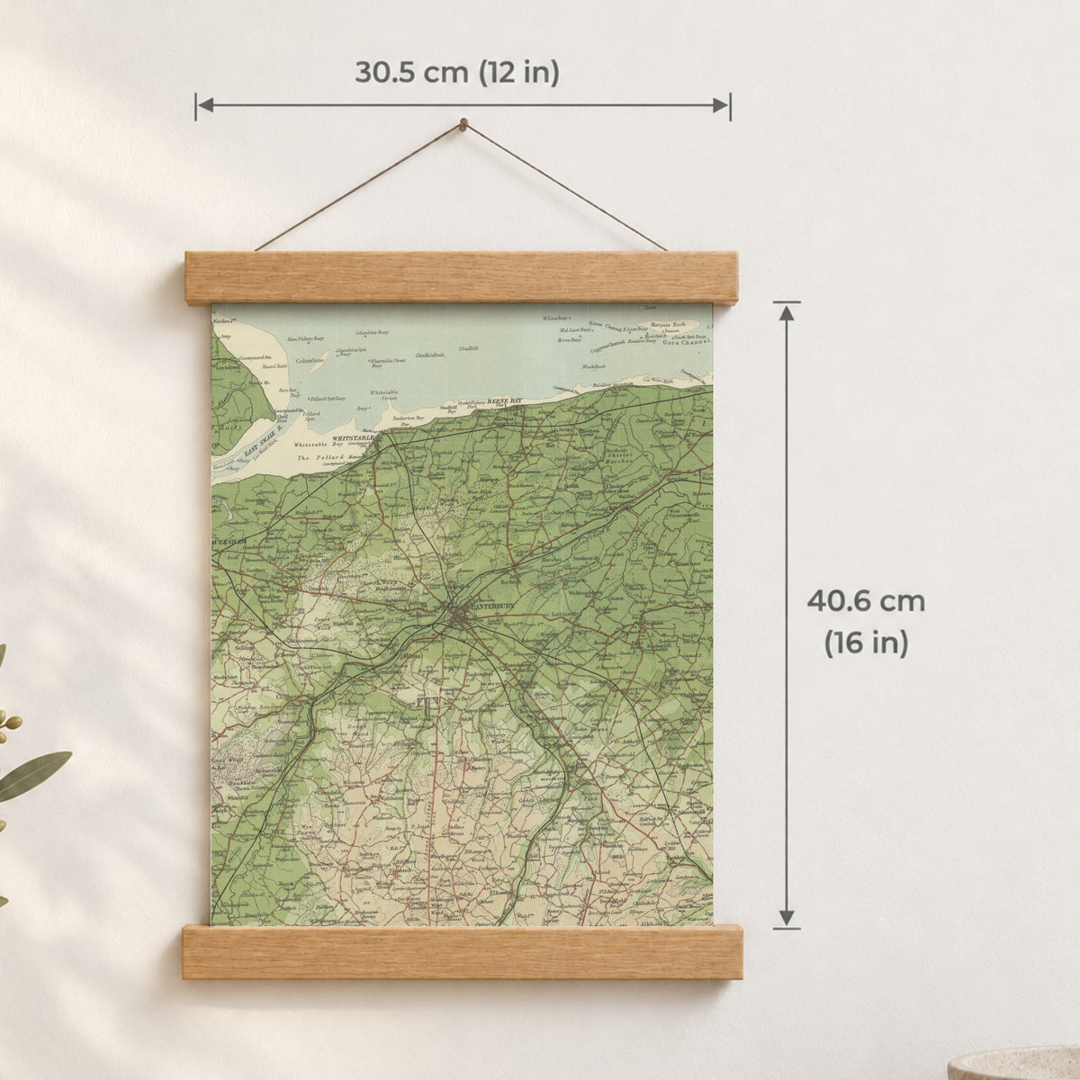 Canterbury historic map print, Bartholomew Half-Inch, 1904 — 12 × 16 in · portrait, Canvas, black hanger and Canvas, natural oak hanger and Canvas, white hanger and Fine art paper, black hanger and Fine art paper, natural oak hanger and Fine art paper, no hanger and Fine art paper, white hanger, hanger front mockup