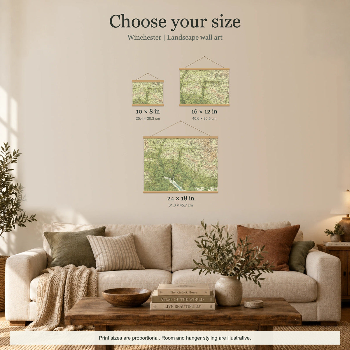 Winchester historic map print, Bartholomew Half-Inch, 1902 — 10 × 8 in · landscape, Canvas, black hanger and Canvas, natural oak hanger and Canvas, white hanger and Fine art paper, black hanger and Fine art paper, natural oak hanger and Fine art paper, no hanger and Fine art paper, white hanger, size room mockup landscape
