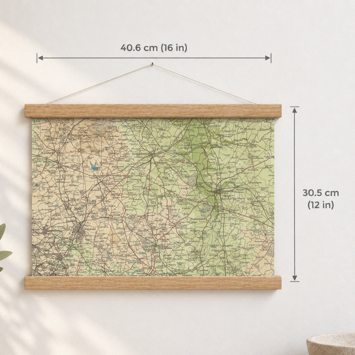 Lichfield historic map print, Bartholomew Half-Inch, 1903 — 16 × 12 in · landscape, Canvas, black hanger and Canvas, natural oak hanger and Canvas, white hanger and Fine art paper, black hanger and Fine art paper, natural oak hanger and Fine art paper, no hanger and Fine art paper, white hanger, hanger front mockup