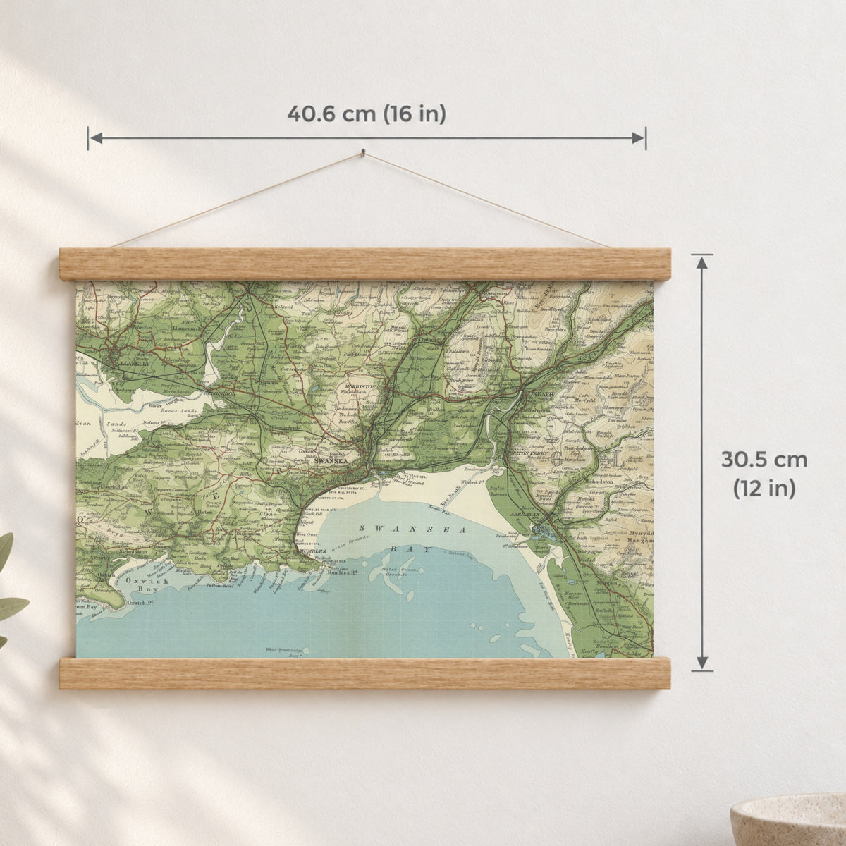 Swansea historic map print, Bartholomew Half-Inch, 1904 — 16 × 12 in · landscape, Canvas, black hanger and Canvas, natural oak hanger and Canvas, white hanger and Fine art paper, black hanger and Fine art paper, natural oak hanger and Fine art paper, no hanger and Fine art paper, white hanger, hanger front mockup