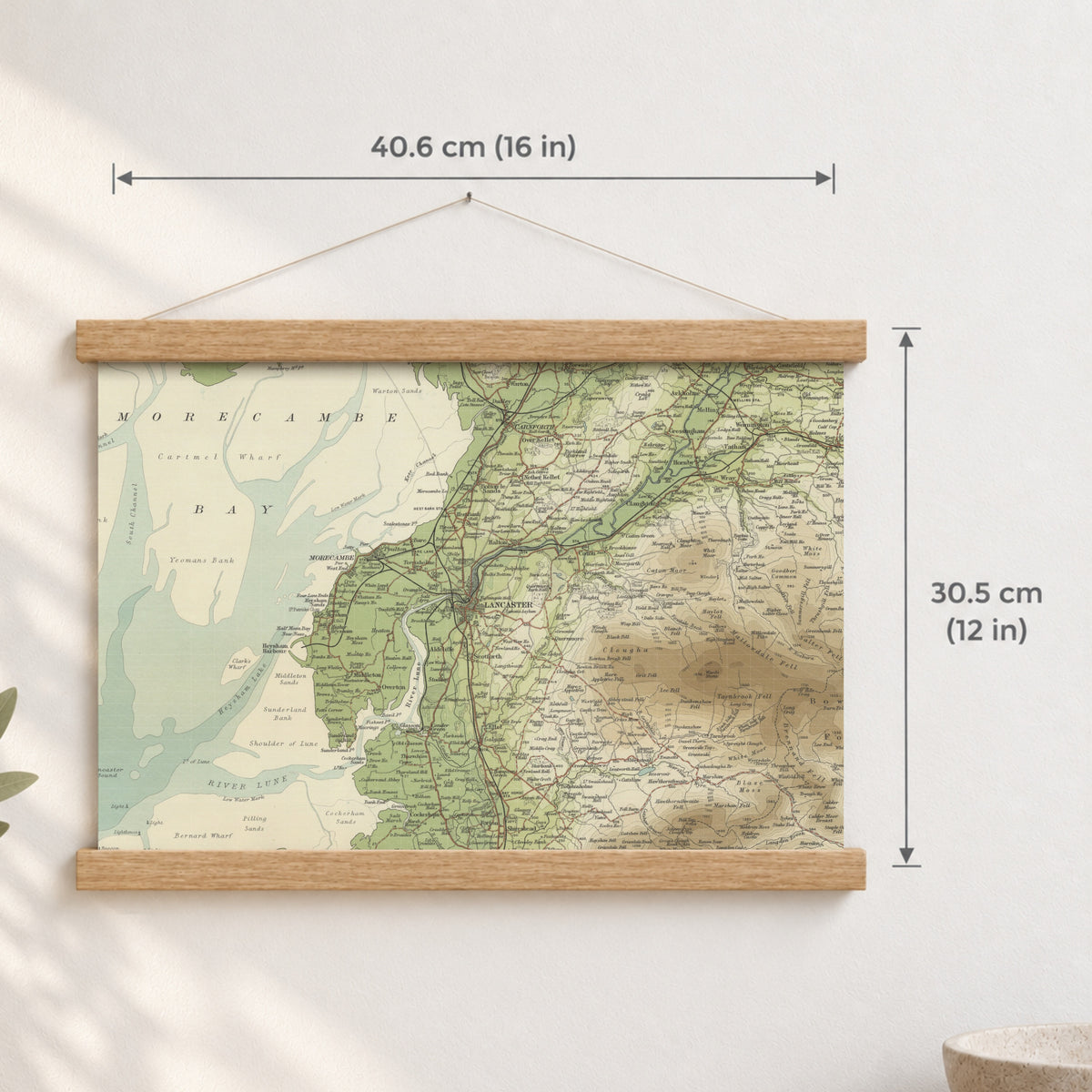 Lancaster historic map print, Bartholomew Half-Inch, 1905 — 16 × 12 in · landscape, Canvas, black hanger and Canvas, natural oak hanger and Canvas, white hanger and Fine art paper, black hanger and Fine art paper, natural oak hanger and Fine art paper, no hanger and Fine art paper, white hanger, hanger front mockup
