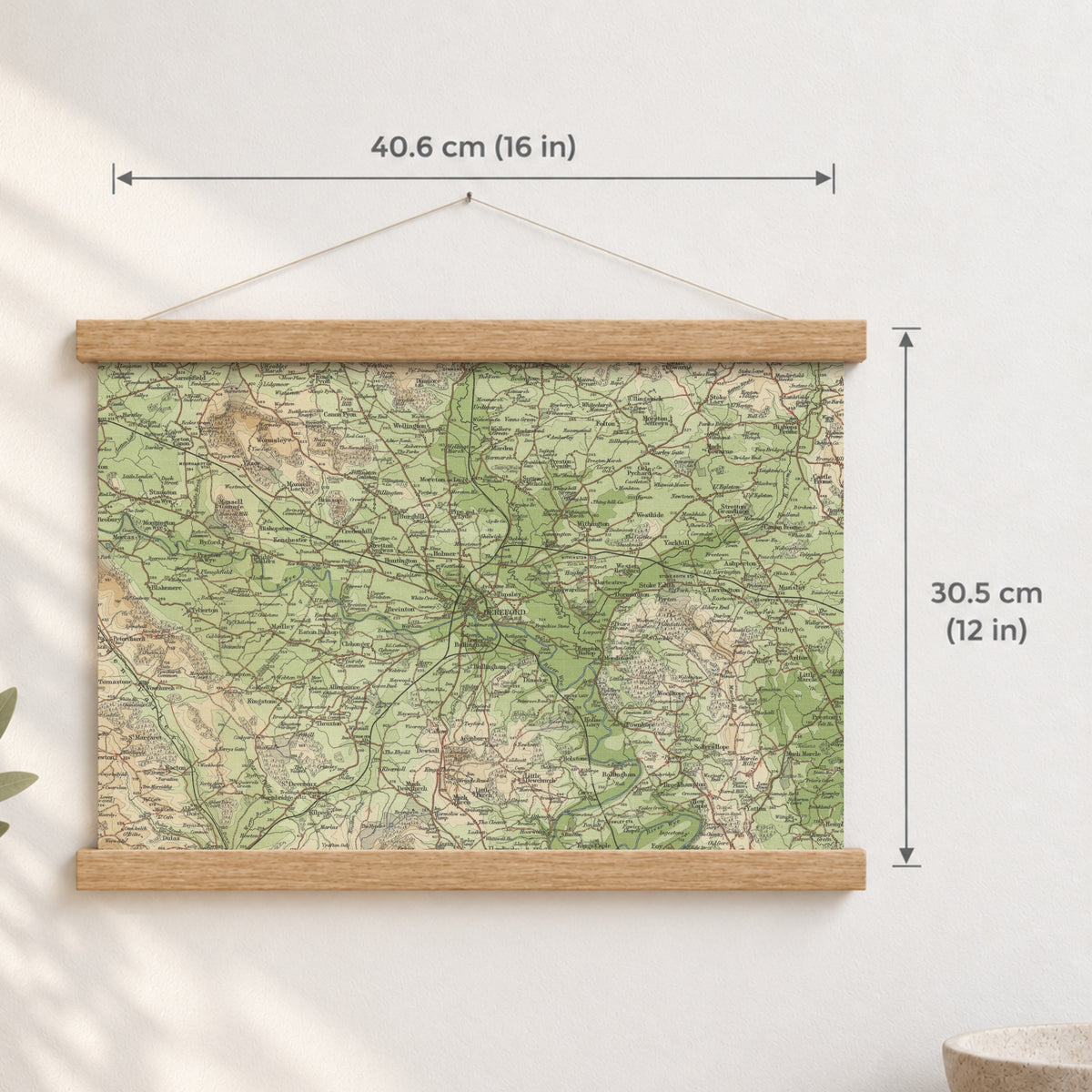 Hereford historic map print, Bartholomew Half-Inch, 1902 — 16 × 12 in · landscape, Canvas, black hanger and Canvas, natural oak hanger and Canvas, white hanger and Fine art paper, black hanger and Fine art paper, natural oak hanger and Fine art paper, no hanger and Fine art paper, white hanger, hanger front mockup