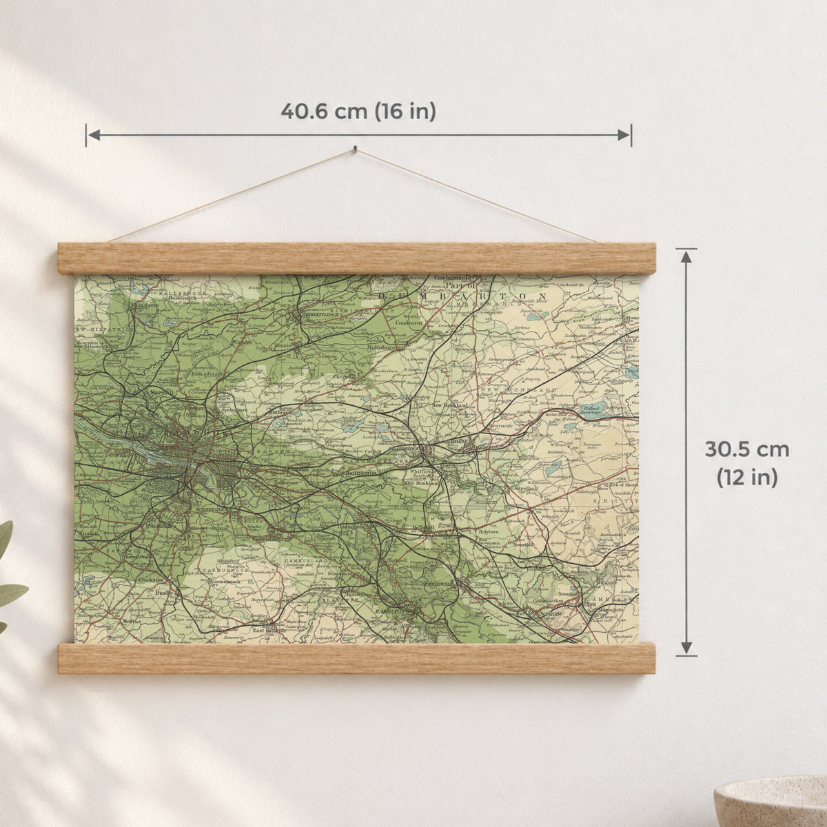 Glasgow historic map print, Bartholomew Half-Inch, 1903 — 16 × 12 in · landscape, Canvas, black hanger and Canvas, natural oak hanger and Canvas, white hanger and Fine art paper, black hanger and Fine art paper, natural oak hanger and Fine art paper, no hanger and Fine art paper, white hanger, hanger front mockup